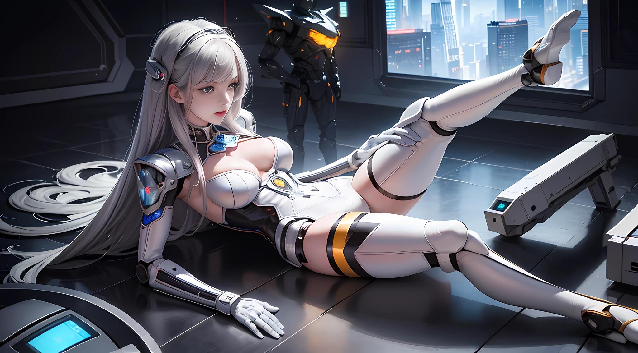 Realism, a woman in white lace (limbs in a robot suit) (lace, full robot suit: 1.55) (body turn to the audience: 1.2), (head to the left: 1.8), (legs apart: 1.4), gray hair, cyborg, robot parts, beautiful and detailed body and face, sakimichan hdri, amouranth, beautiful and detailed orixa, 2049, chiaki nanami, african futuristic, made in maya, sam yang, 2070, cyborg, robot part, 150mm, beautiful studio soft light, edge light, vibrant details, luxurious cyberpunk, lace, surrealism, anatomy, facial muscles, cable wire, microchip, elegant, beautiful background, octane rendering, 8k, best quality, masterpiece, illustration, very refined and beautiful, very detailed, CG, unified, wallpaper, (realistic, Realistic: 1.37), stunning, fine details, masterpiece, best quality, official art, very detailed CG unified 8k wallpaper, ridiculous, incredibly ridiculous, robot, silver helmet, (full body: 1.4), joint glow, light reflection, sitting, lying, floating in the air, (nsfw: 1.2)