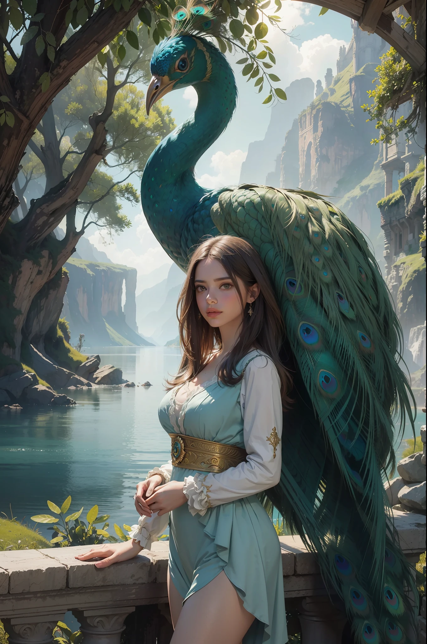 fantastic realism, masterpiece, super detailed, 1 beautiful girl, hugging a giant peacock, plain, background lake, detailed background, (top quality, Alessandro Casa Grande, Greg Rutkowski, Sally Mann, concept art, 4k),