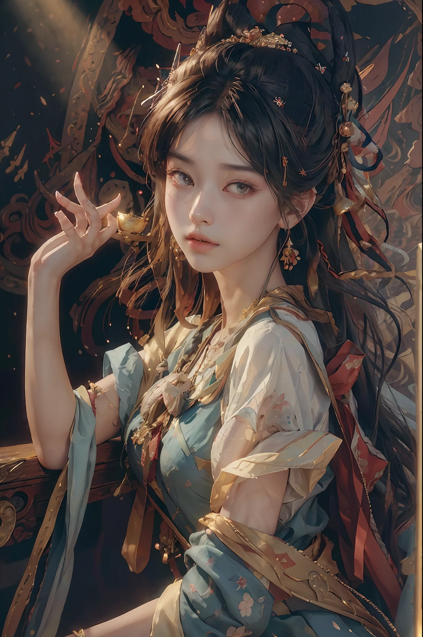 (RAW photo, best quality), (realistic, photo-realistic:1.3),best quality,highly detailed,masterpiece,ultra-detailed,illustration,1girl,upper_body,dynamic angle,world masterpiece theater,messy_long_hair,best quality,extremely detailed CG unity 8k wallpaper,ink,Amazing,cinematic lighting,lens_flare, dunhuang_style