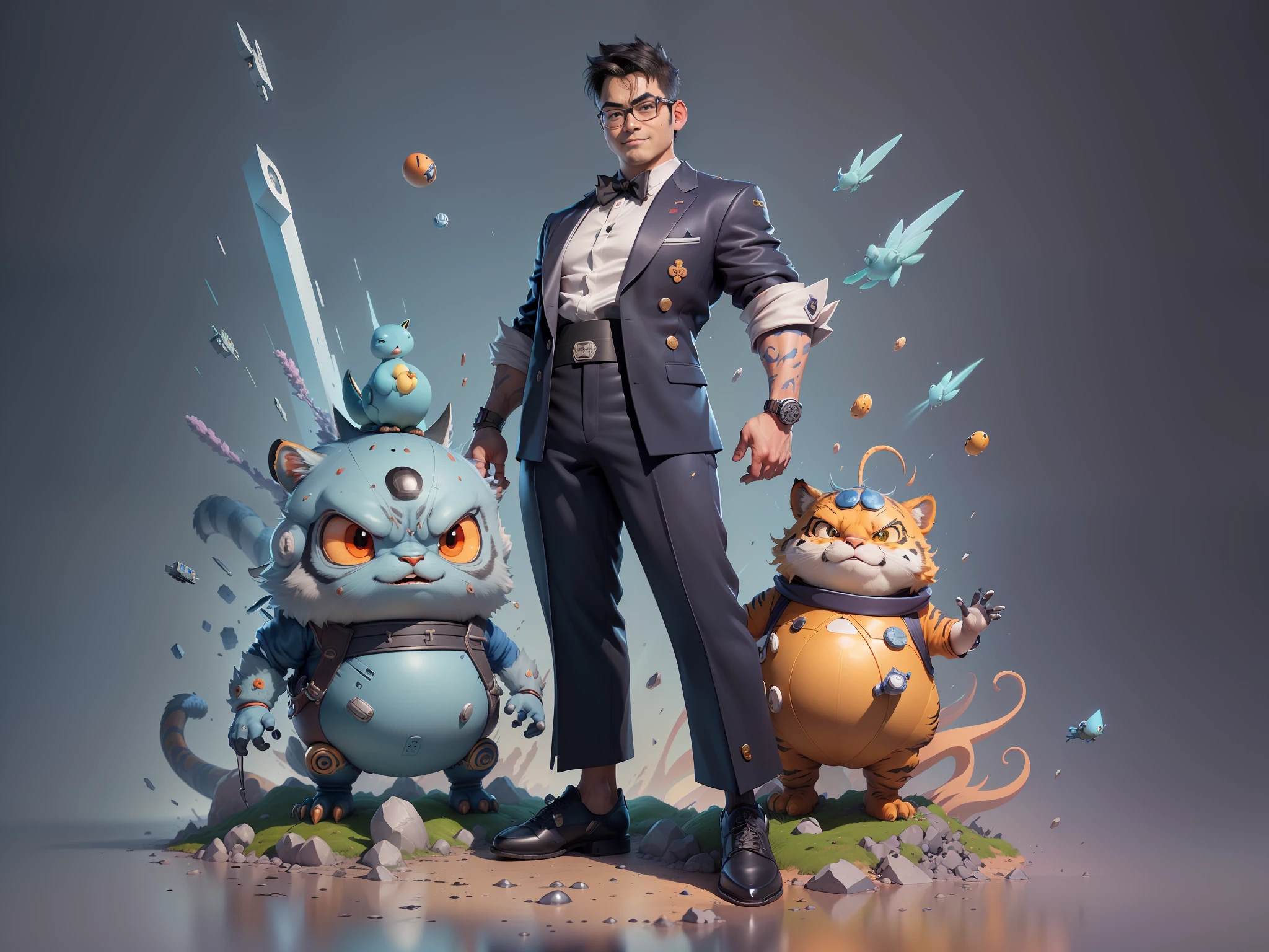 ((Masterpiece), (Extreme Quality), (Super Meticulous), (Full Body: 1.2), Super Young Man, Oriental Face, Japanese Wind and Thunder, Dragon, Tiger, TV Anchor, Bust Portrait Illustration, Alone, Black Formal Suit, Blue Tie, Slightly Chubby Face, Silver Glasses Face Very Clean No Beard, Black Super Short Hair, Black Eyes, Confident Smile, 3c Computer Sub-Products, iPad, iPhone, Digital Painting, 3D Character Design by Akira Toriyama and Mark Claireden and Pixar and Hayao Miyazaki, The illustration is a high-definition illustration in 4K resolution with very detailed facial features and cartoon-style visuals.