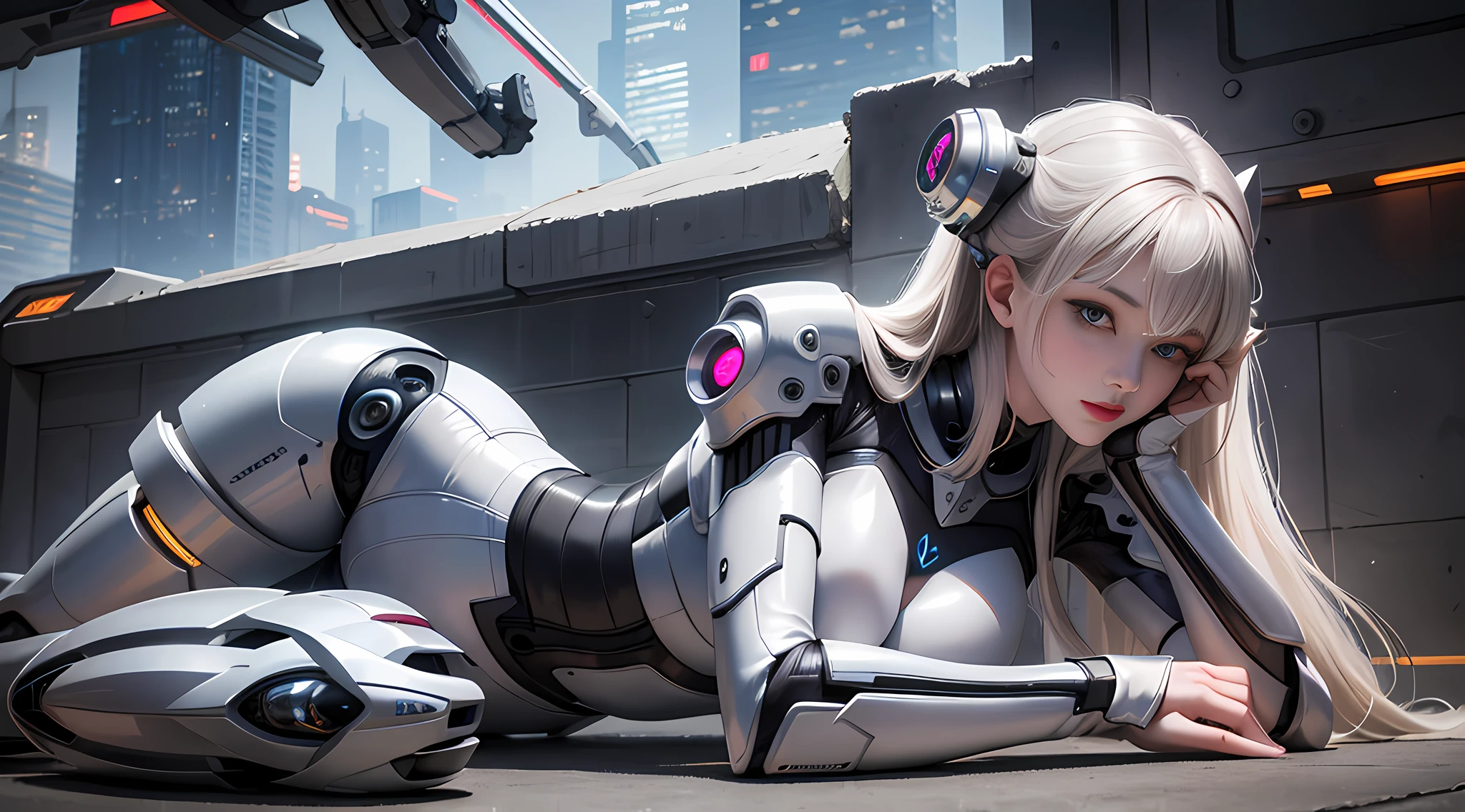 Realism, a woman in white lace (limbs in a robot suit) (lace, full robot suit: 1.55) (body turn to the audience: 1.2), (head to the left: 1.8), (legs apart: 1.4), gray hair, cyborg, robot parts, beautiful and detailed body and face, sakimichan hdri, amouranth, beautiful and detailed orixa, 2049, chiaki nanami, african futuristic, made in maya, sam yang, 2070, cyborg, robot part, 150mm, beautiful studio soft light, edge light, vibrant details, luxurious cyberpunk, lace, surrealism, anatomy, facial muscles, cable wire, microchip, elegant, beautiful background, octane rendering, 8k, best quality, masterpiece, illustration, very refined and beautiful, very detailed, CG, unified, wallpaper, (realistic, Realistic: 1.37), stunning, fine details, masterpiece, best quality, official art, very detailed CG unified 8k wallpaper, ridiculous, incredibly ridiculous, robot, silver helmet, (full body: 1.4), joint glow, light reflection, sitting, lying, floating in the air, (nsfw: 1.2)