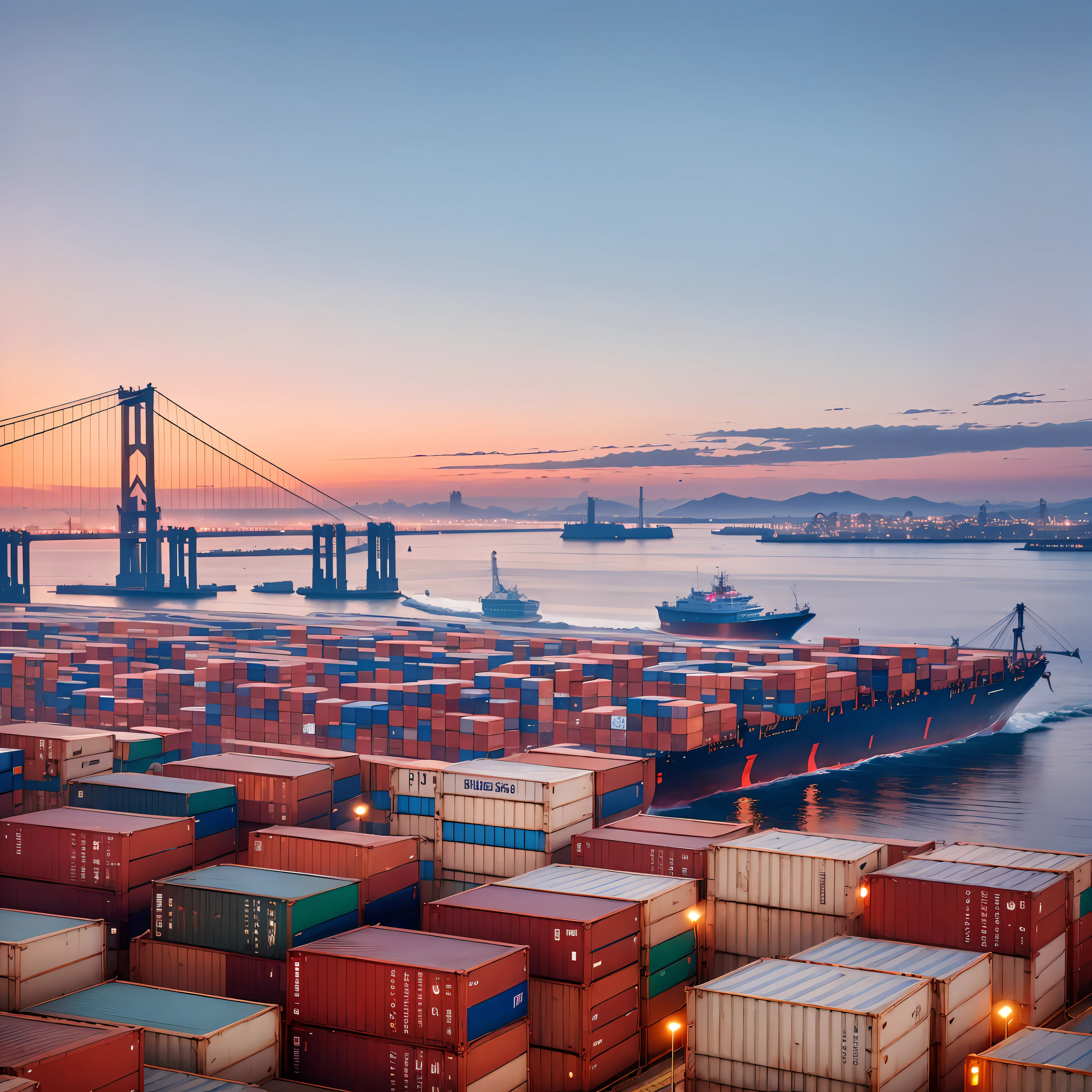 The big view of the port, the container yard, the bridge hanging on the shore, the cargo ship shuttling back and forth in the sea, the sea in the distance, the sunset --auto --s2