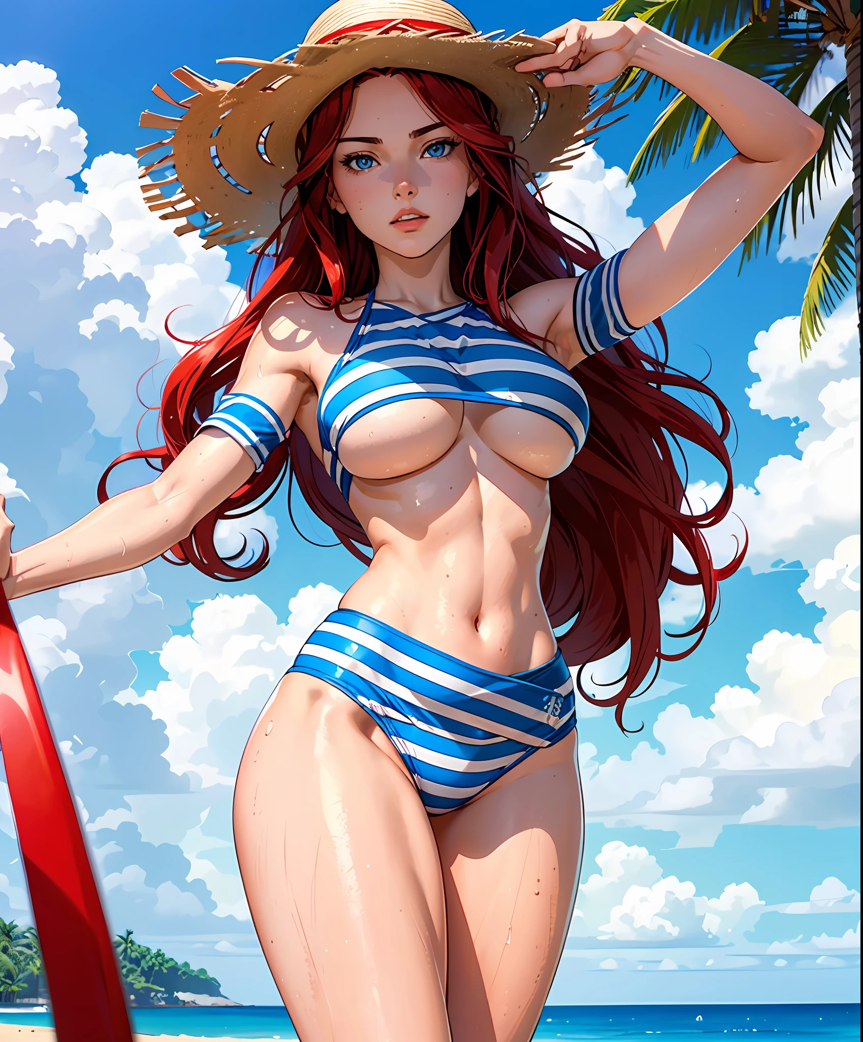 woman in her 20s, (perfect face), defined jawline, beautiful blue eyes, beautiful lips, (long red flowing wavy hair), (perfect anatomy), (athletic body), (sexy)(medium wet breasts), (thick thighs), (perfect hands), (bikini with blue stripes), (straw hat), looking at viewer, (POV from below), (medium full shot photograph), (tropical beach background), realistic