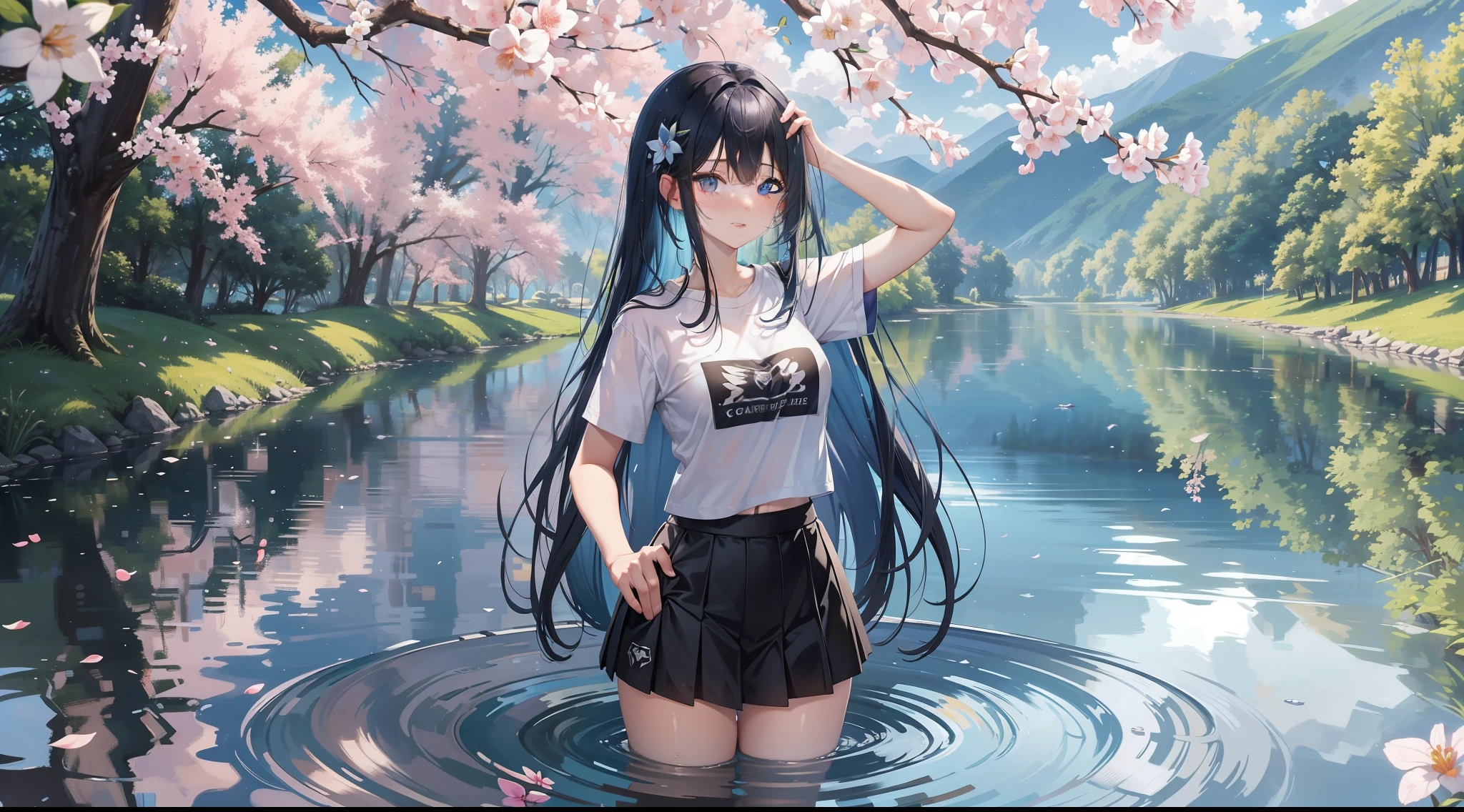 a beautiful female, playing water in the lake, wearing T-shirt and mini skirt, the beautiful lake surface reflecting the blue sky, there is a land in the middle of the lake, with cherry blossom, gradient hair, black hair, silver hair, blue hair, hair behind ear, long hair, eye reflection, close-up, first-person view, symmetry, polar opposites, high detail, ray tracing, reflection light, masterpiece, best quality, anatomically correct, super detail, textured skin, UHD, highres, HD