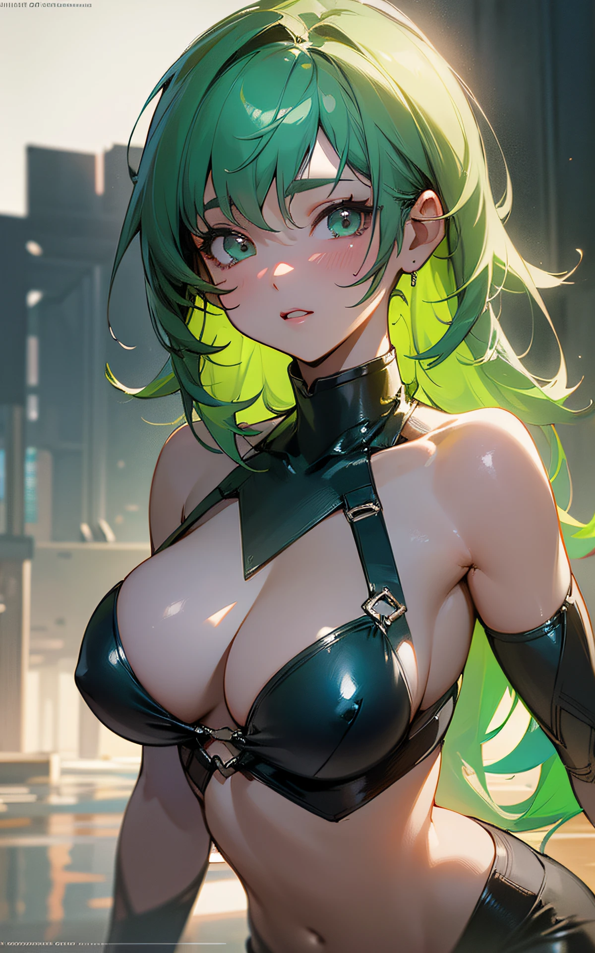 (Original Character、Unity 16K Wallpaper, Masterpiece, Best Quality, Ultra-Detailed, Extremely Detailed CG, Caustics, Cinematic Lighting, Detailed, Beautiful Detailed Eyes, NSFW:1.8, solo、cleavage、yers old), Ultra High Resolution, fine skin, (cute: 1.2, bikini), (strong light),separate swimsuit、green hair、outdoors、vivid