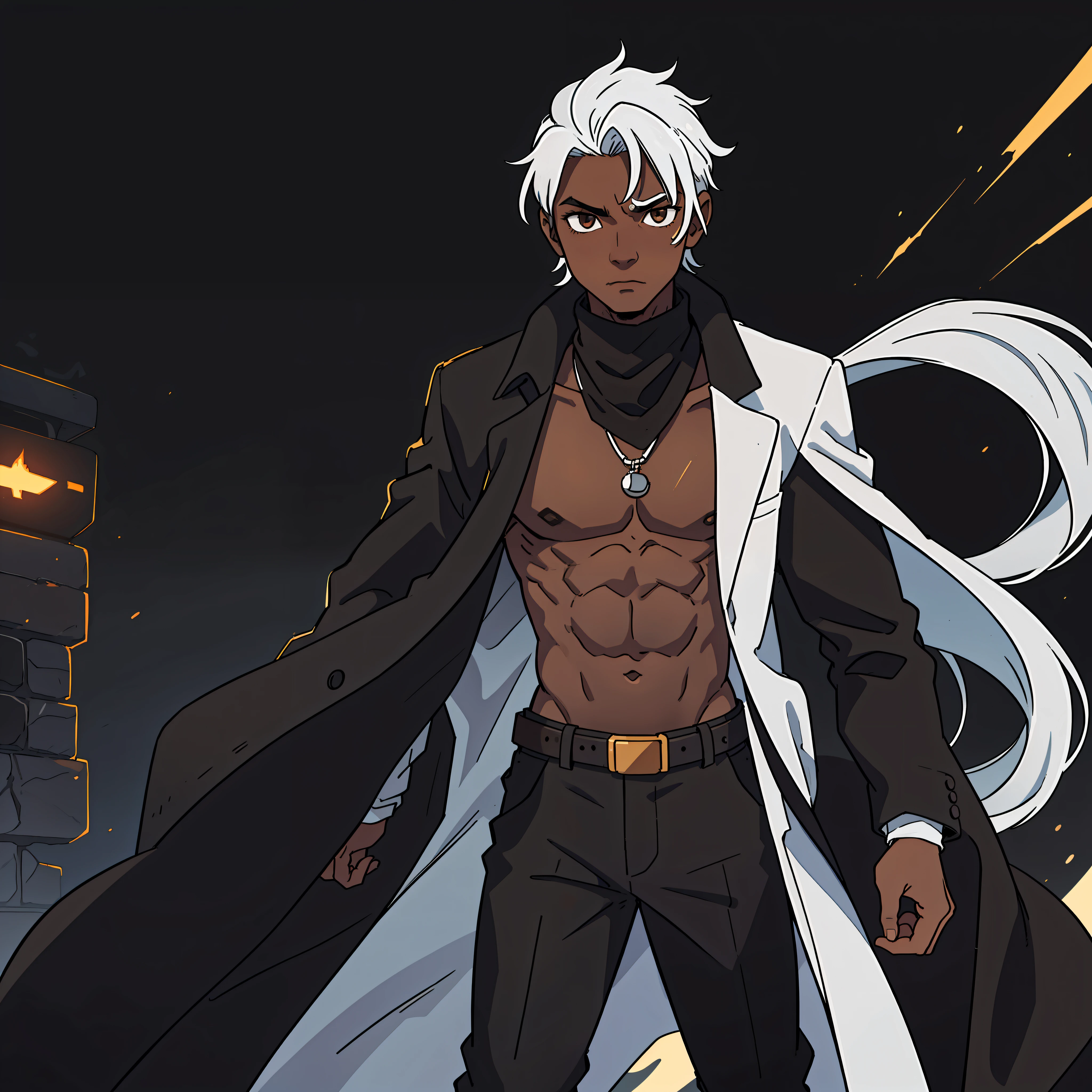 male character, 20 years old, dark skin tone, white hair, brown eyes, black overcoat, black leather shirt, an iron belt, a black pants.tanado, brunette, negão, black.