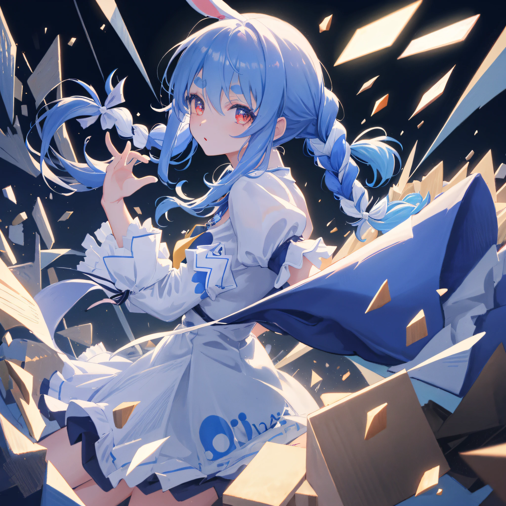 (人物: Usada Pekora), bunny girl, blue hair, twin braids, a girl, solo, {{masterpiece}}, best quality, extremely detailed CG unity 8k wallpaper, cinematic lighting, lens flare, beautiful detail eyes, side glance, colorful light, particles,