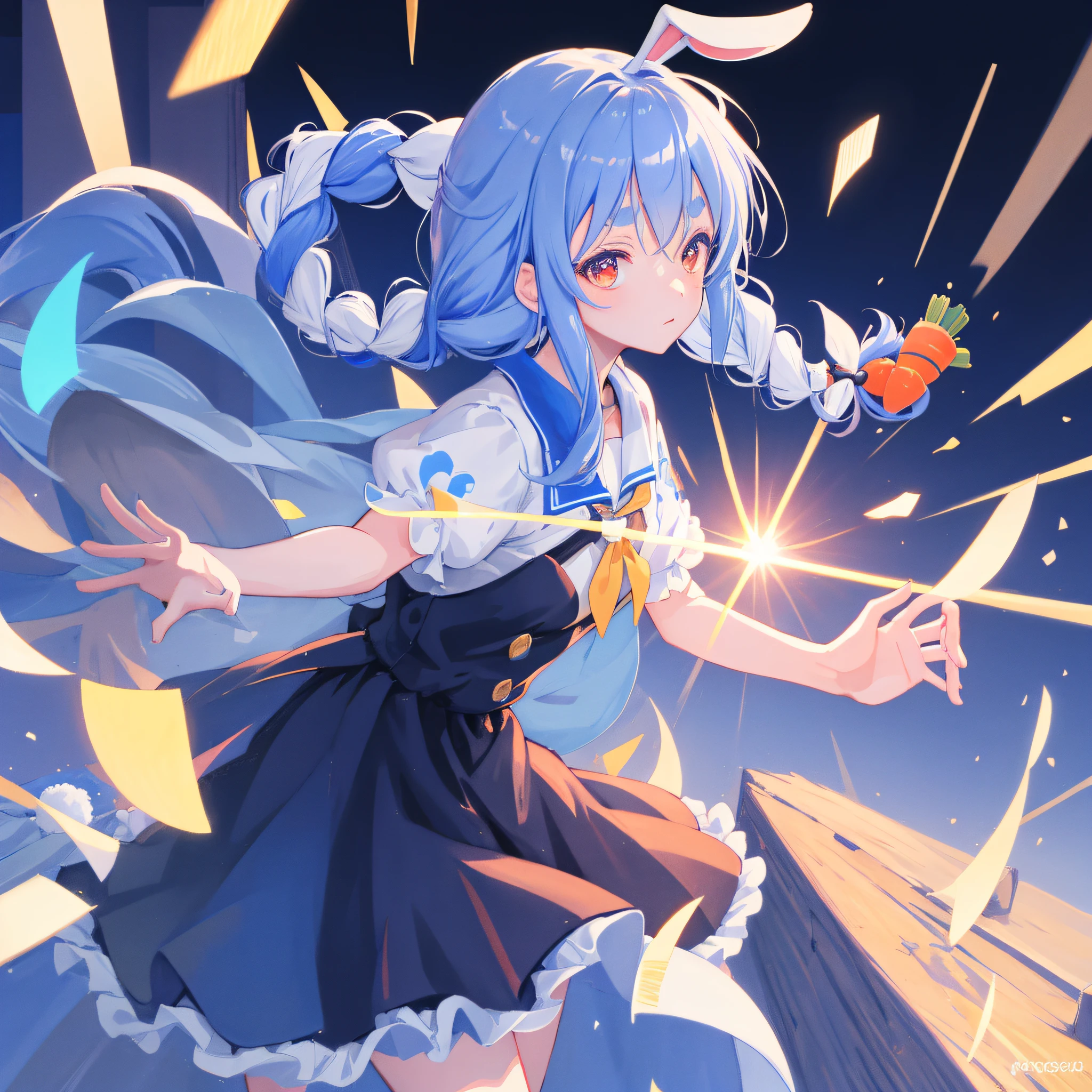 (人物: Usada Pekora), bunny girl, blue hair, twin braids, a girl, solo, {{masterpiece}}, best quality, extremely detailed CG unity 8k wallpaper, cinematic lighting, lens flare, beautiful detail eyes, side glance, colorful light, particles,