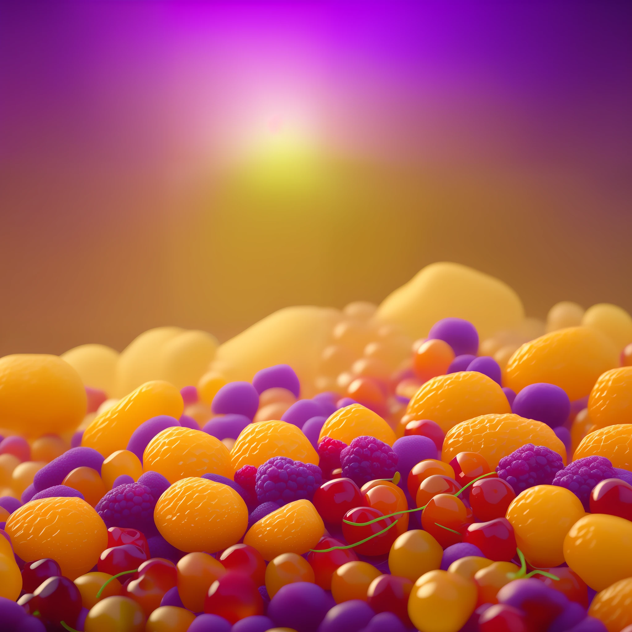 Computer volumetric graphics, realistic fantasy, Extensive landscape ultrasound photography (general view, which shows a glass glass, cherry, berry,), blurred background, muddy, warm, light yellow, purple background, magic --auto --s2