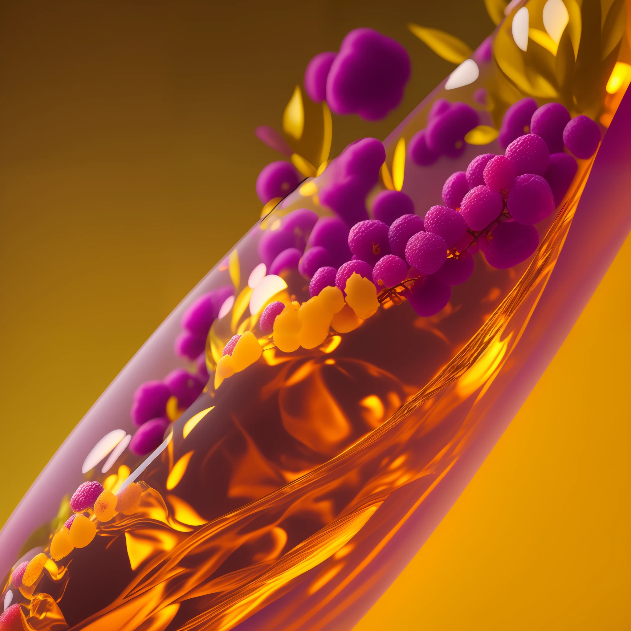 Computer volumetric graphics, realistic fantasy, Extensive landscape ultrasound photography (general view, which shows a glass glass, cherry, berry,), blurred background, muddy, warm, light yellow, purple background, magic --auto --s2