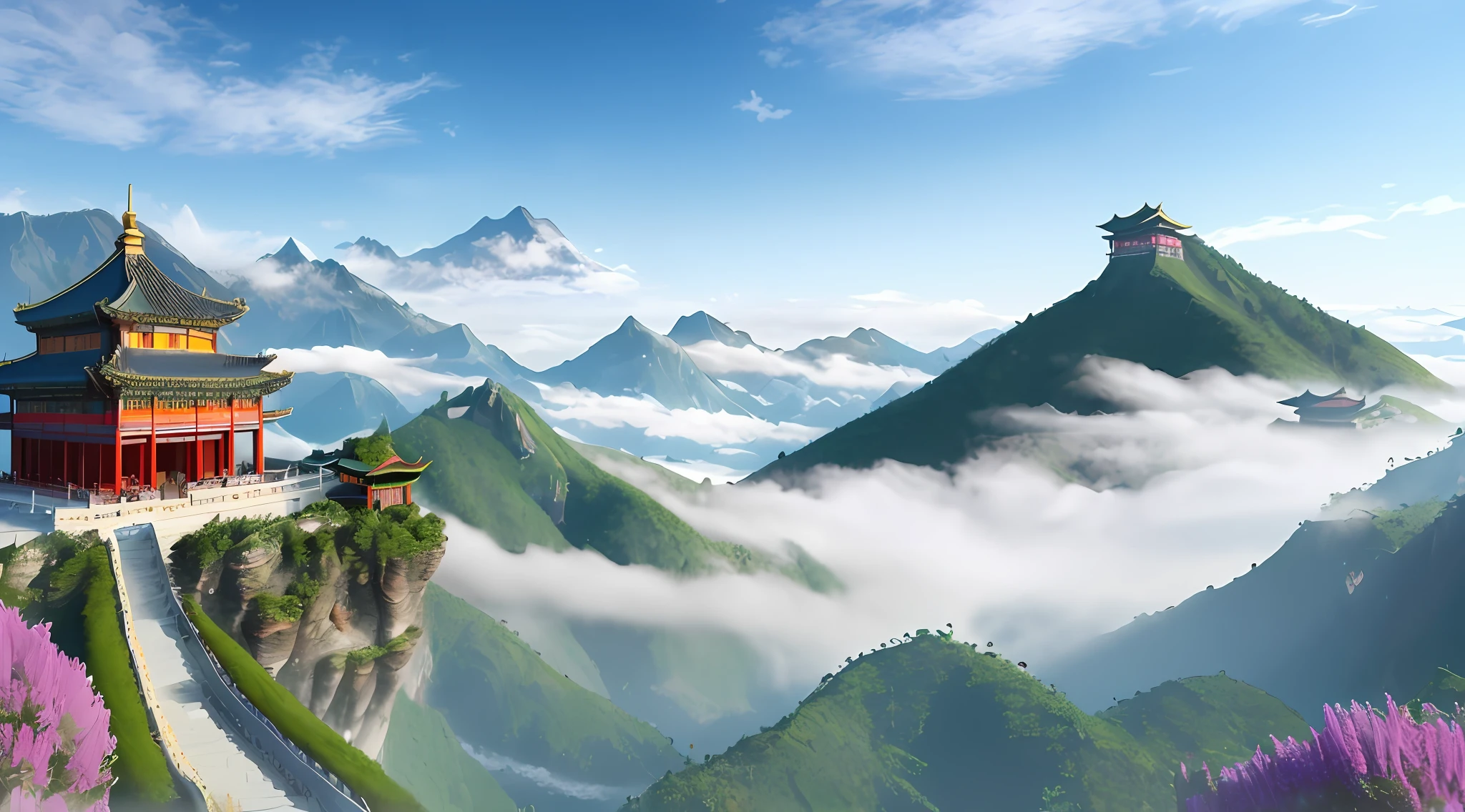 Mountains, mountains high and water long, mountains and forests, clouds, dreams, fog, ancient Chinese palaces, sky pavilions, fairy fluttering, virtual fog, falling flowers, flowers and trees, colorful, fairy online game, sky, plants, sunlight, water, heavenly court, 3D, HD