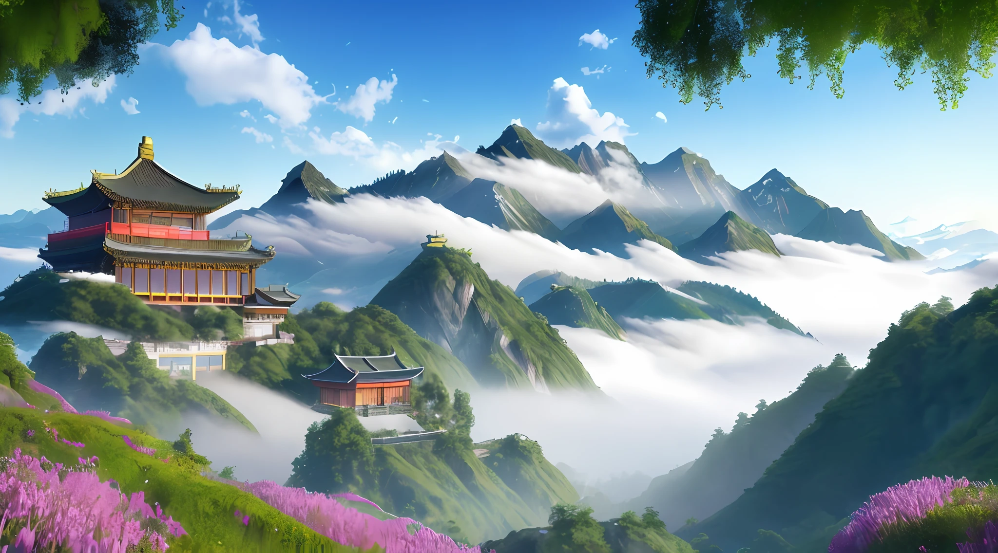 Mountains, mountains high and water long, mountains and forests, clouds, dreams, fog, ancient Chinese palaces, sky pavilions, fairy fluttering, virtual fog, falling flowers, flowers and trees, colorful, fairy online game, sky, plants, sunlight, water, heavenly court, 3D, HD