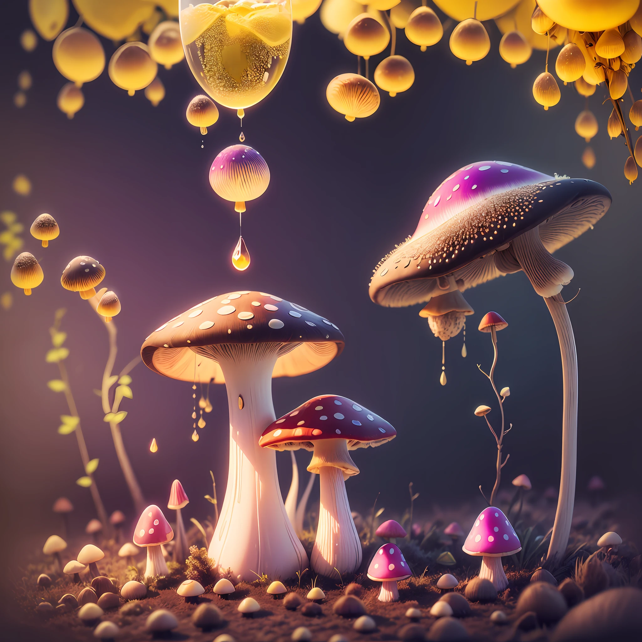 Computer Visualized Graphics, Realistic Fantasy, Extensive Landscape Ultrasound Photography (General View Showing Mushroom, Glass Glass, Cherry, Berry, Dew), Blurred Background, Gloomy, Yellow, Purple Background, Pink, Warm, Magic --auto --s2