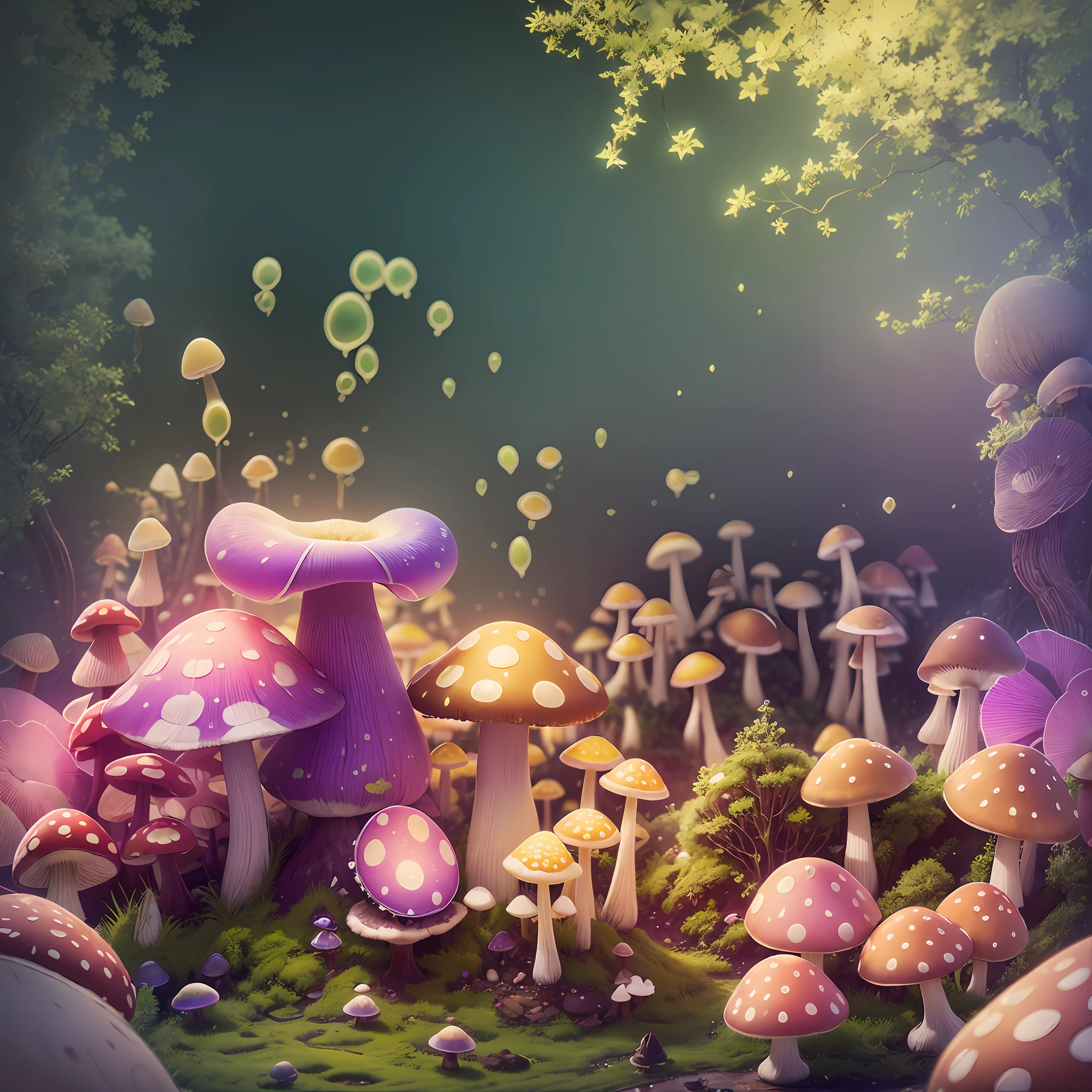 Computer Visualized Graphics, Realistic Fantasy, Extensive Landscape Ultrasound Photography (General View Showing Mushroom, Glass Glass, Cherry, Berry, Dew), Blurred Background, Gloomy, Yellow, Purple Background, Pink, Warm, Magic --auto --s2