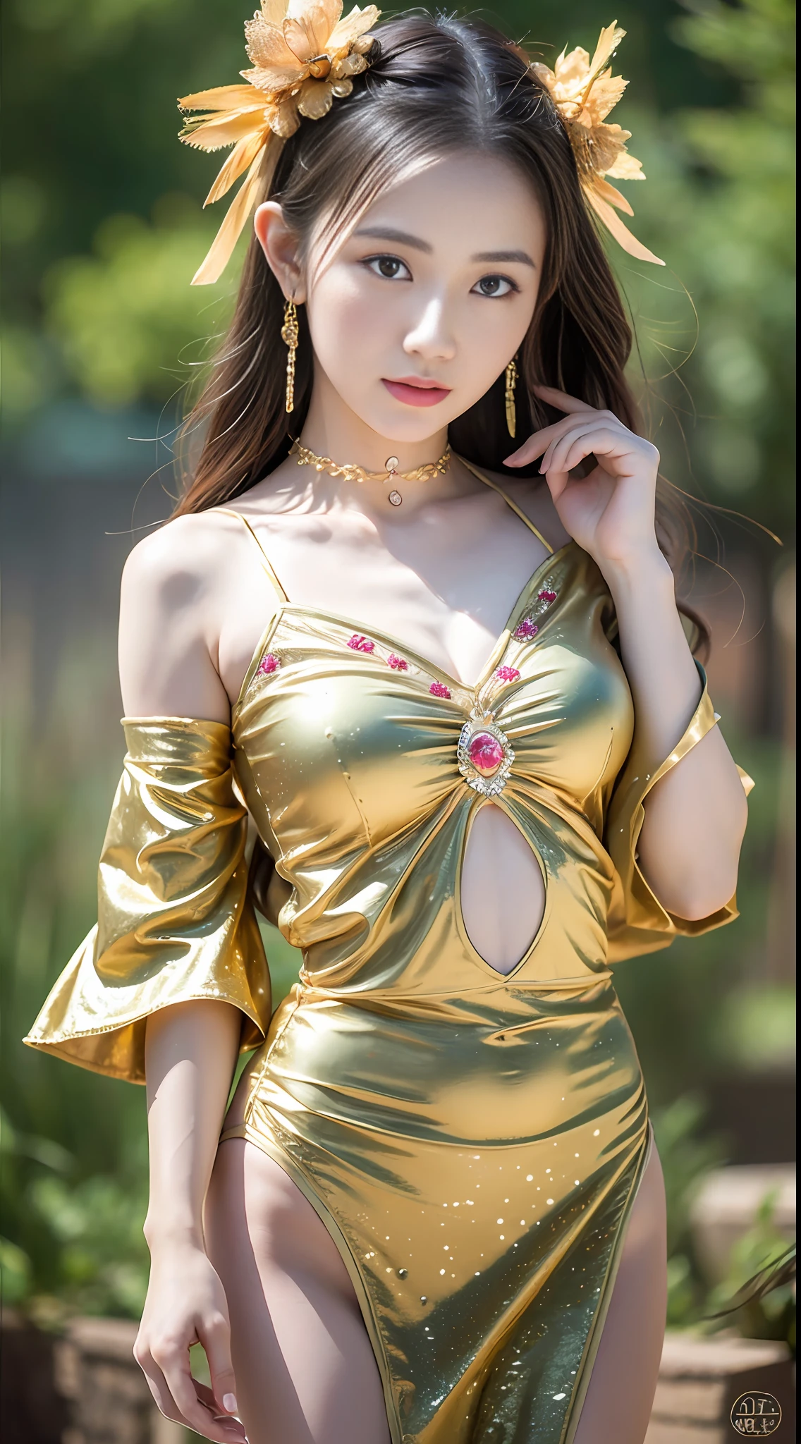 1girl, (8k, RAW photo, top quality, masterpiece: 1.2), (realistic, photorealistic: 1.4), (highly detailed CG Unity 8k wallpaper), (1 girl: 1.5), red spots on the forehead, pale skin, blush, big eyes, full body, thighs, open navel, gold waist chain, gold ornaments, flying ribbons, particles, background is Loulan ancient city, ancient city wall, desert, prayer, dunhuang_dress、dunhuang_style、