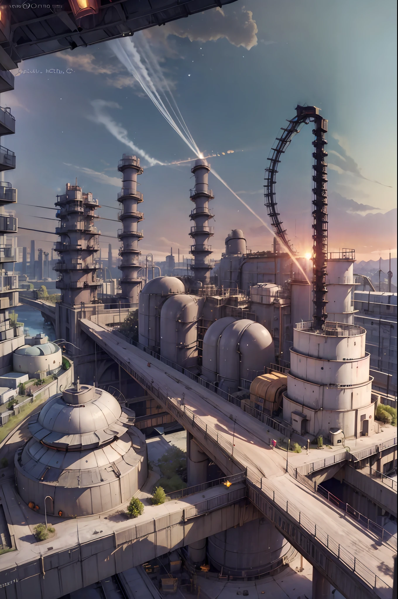 sci-fi cyberpunk city, bridges, deep ravine rift in the middle, terraced streets, reactors, breeder, oil refinery, cars, sunny days, industrial architecture, masterpiece, best quality, high detial, hyper realistic --auto --s2