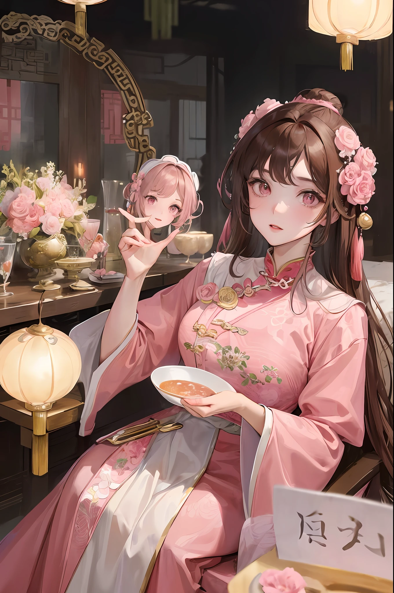 Masterpiece, Best Quality, Waterfront, Banquet, 1 Woman, Mature Woman, Elegant, Chinese Style, Ancient China, Sister, Royal Sister, Happy, Meatball Head, Light Brown Hair, Pink Eyes, Gorgeous Headwear, Light Pink Lips, Pink Clothes, Yarn like Clothing, Intellectual, Full bangs, Flat bangs, Flower Ball, Face Delicate,