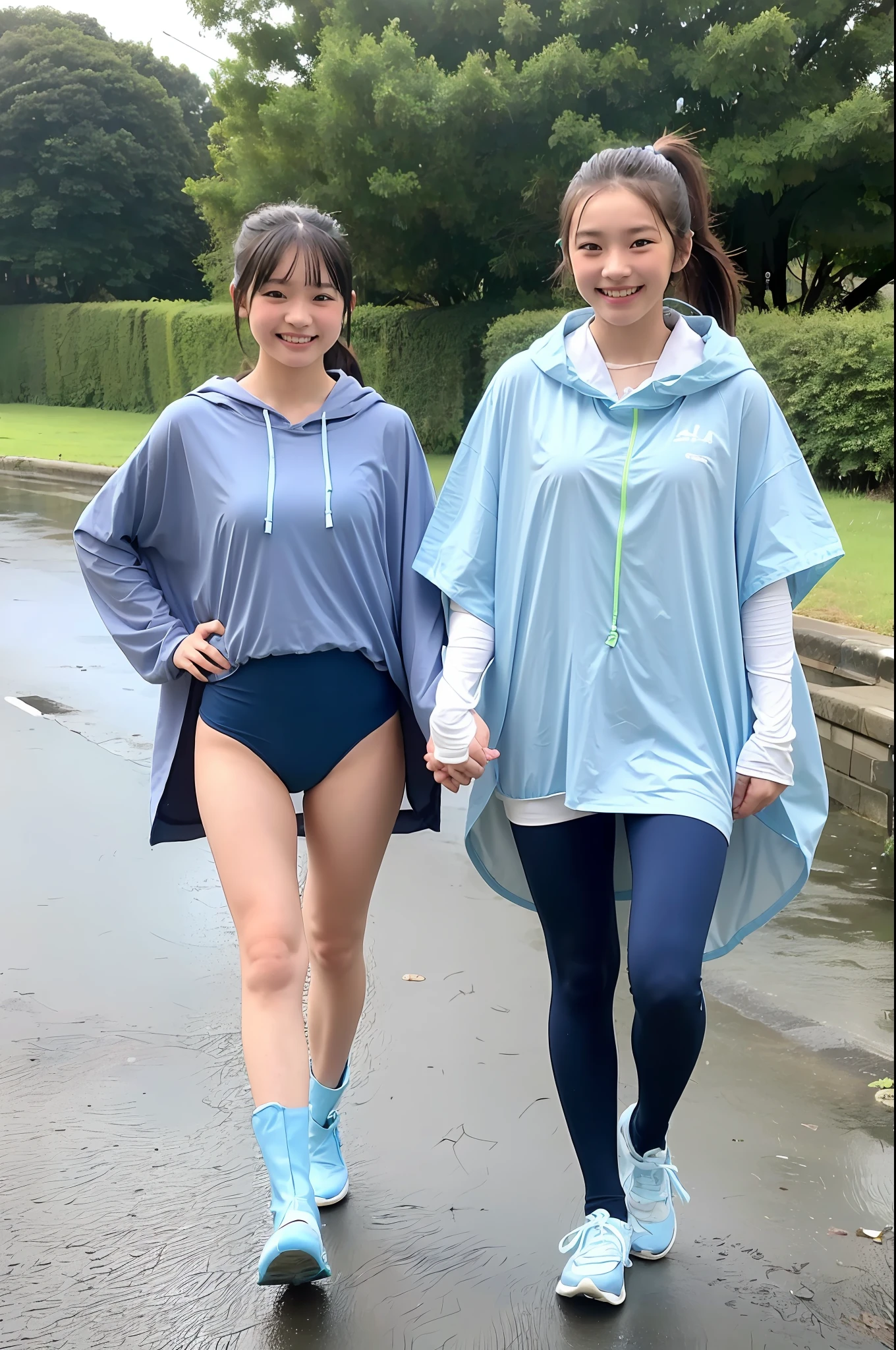 ((Girl in a ponytail in a light blue high-leg school swimsuit and poncho)),,Smiling,(Boy in a short poncho),Two walking side by side,It's raining Wet road,Wearing boots