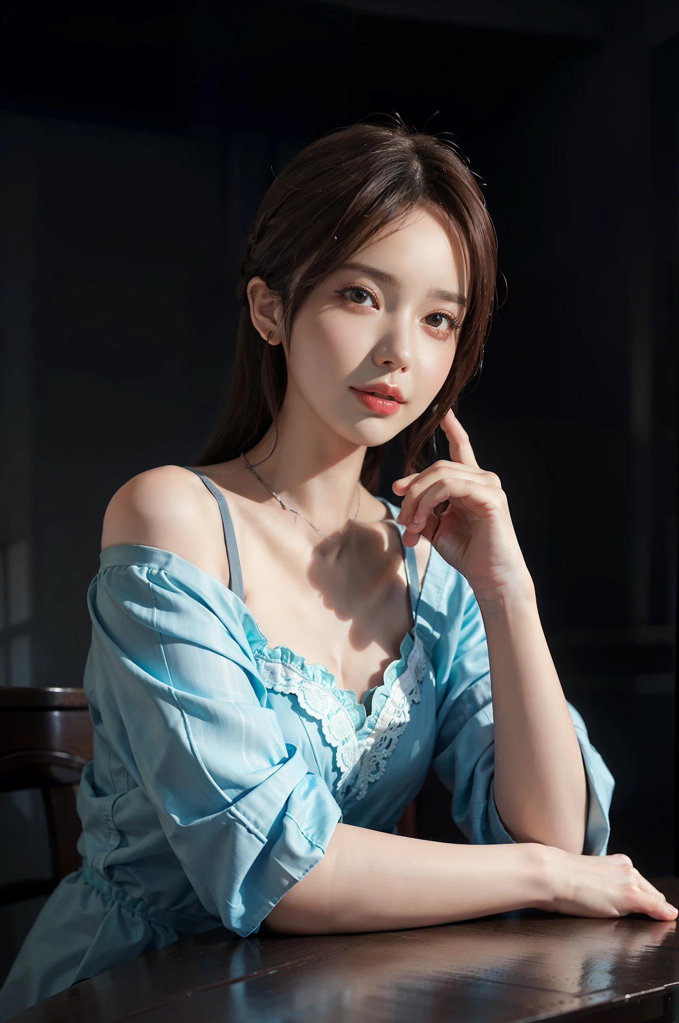 Woman sitting at table, gorgeous young woman, soft portrait shooting 8K, portrait of beautiful young woman soft low light, gorgeous female model, portrait of korean female idol, 8K artgem bokeh, middle portrait soft light, portrait soft light