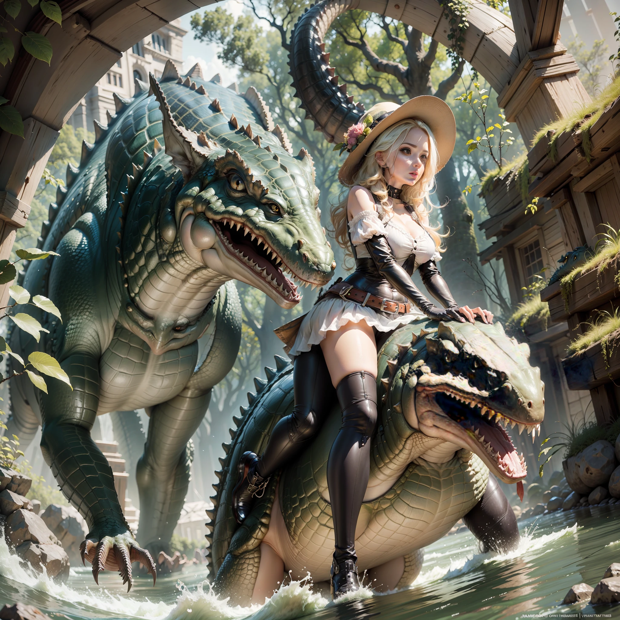a beautiful girl riding a giant crocodile