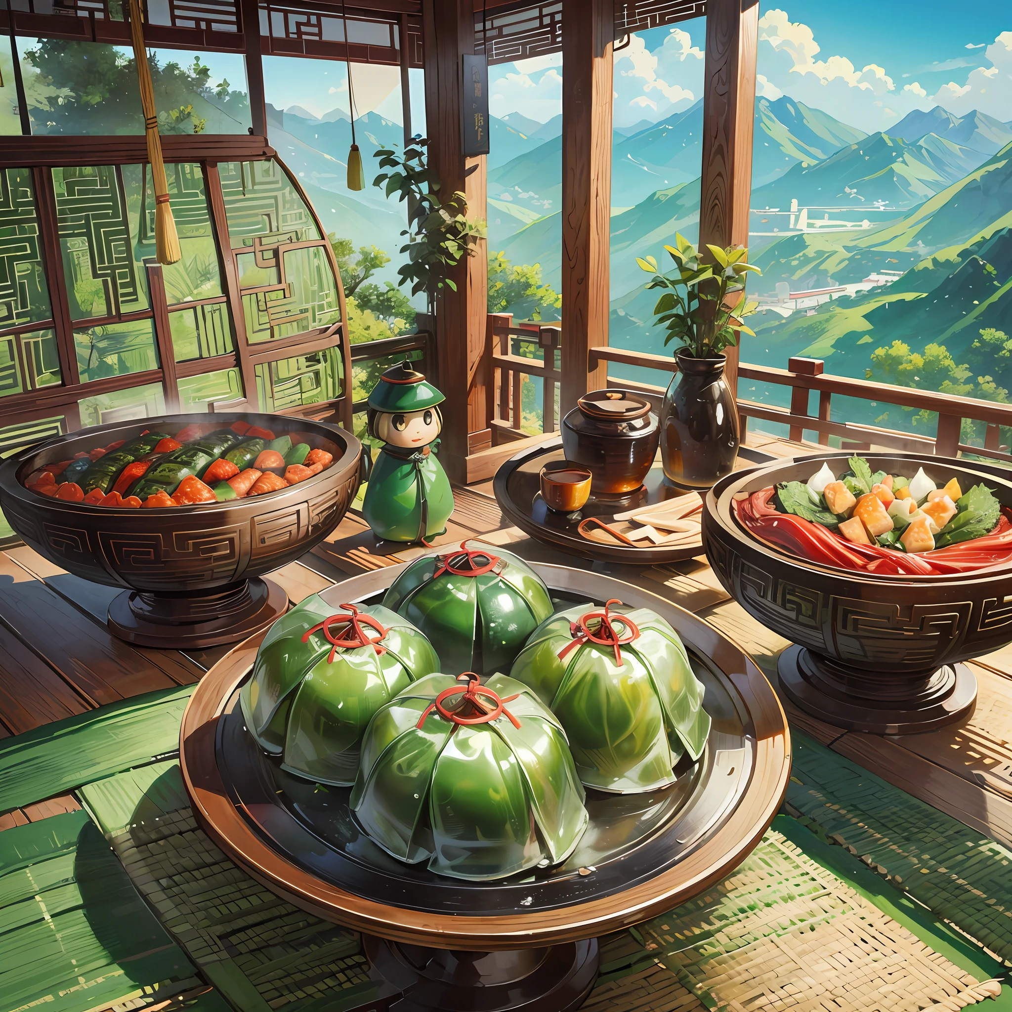 a giant and green chinese traditional foodZongzi in the middle, the Zongzi is triangular inshape with soft edge, mountains and clouds onthe background, green zone --auto --s2