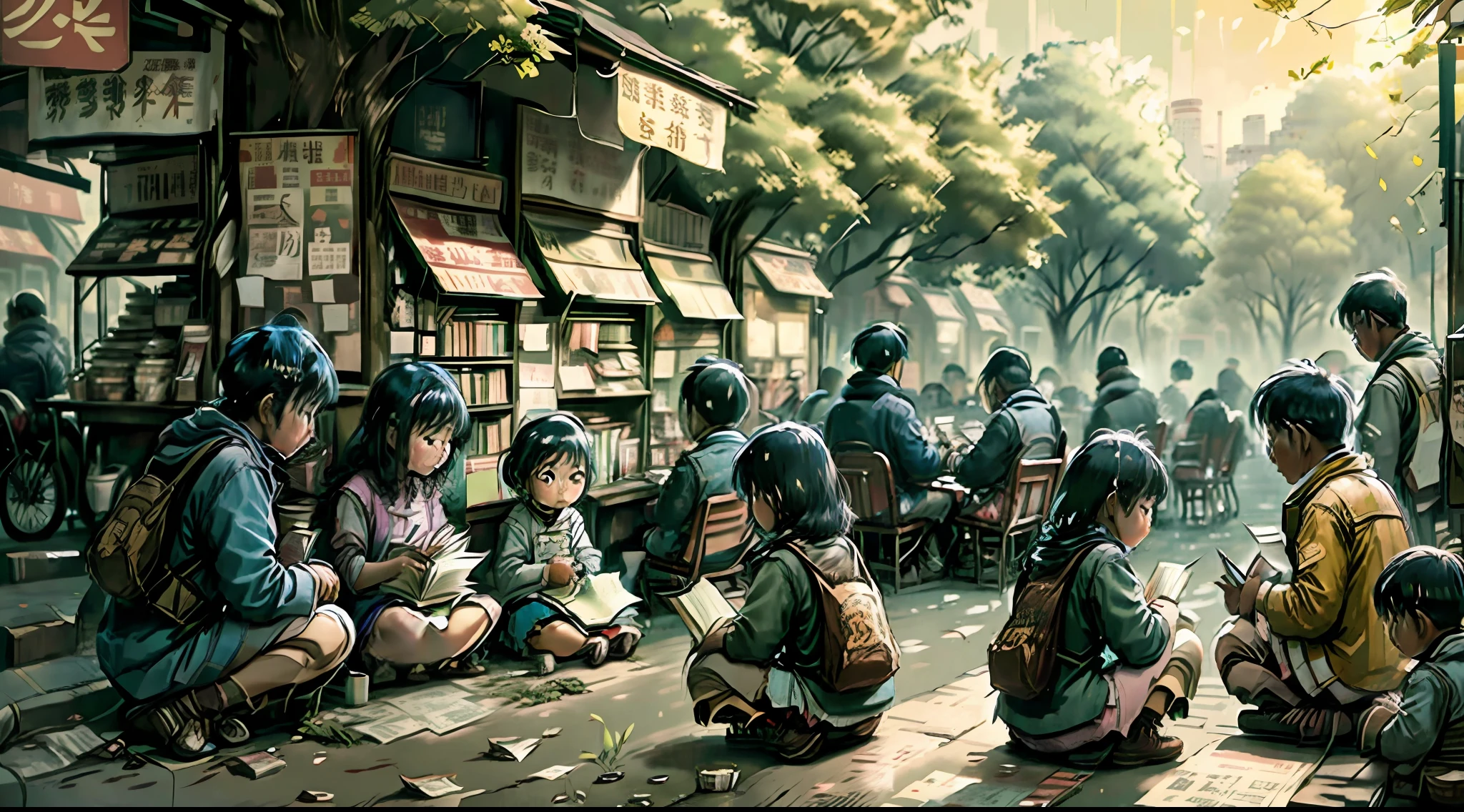 Dozens of people sat on the side of the road reading, adults and children, Chinese in the 80s, some squatted and some sat down, behind them were newsstands, makeshift book houses --auto --s2