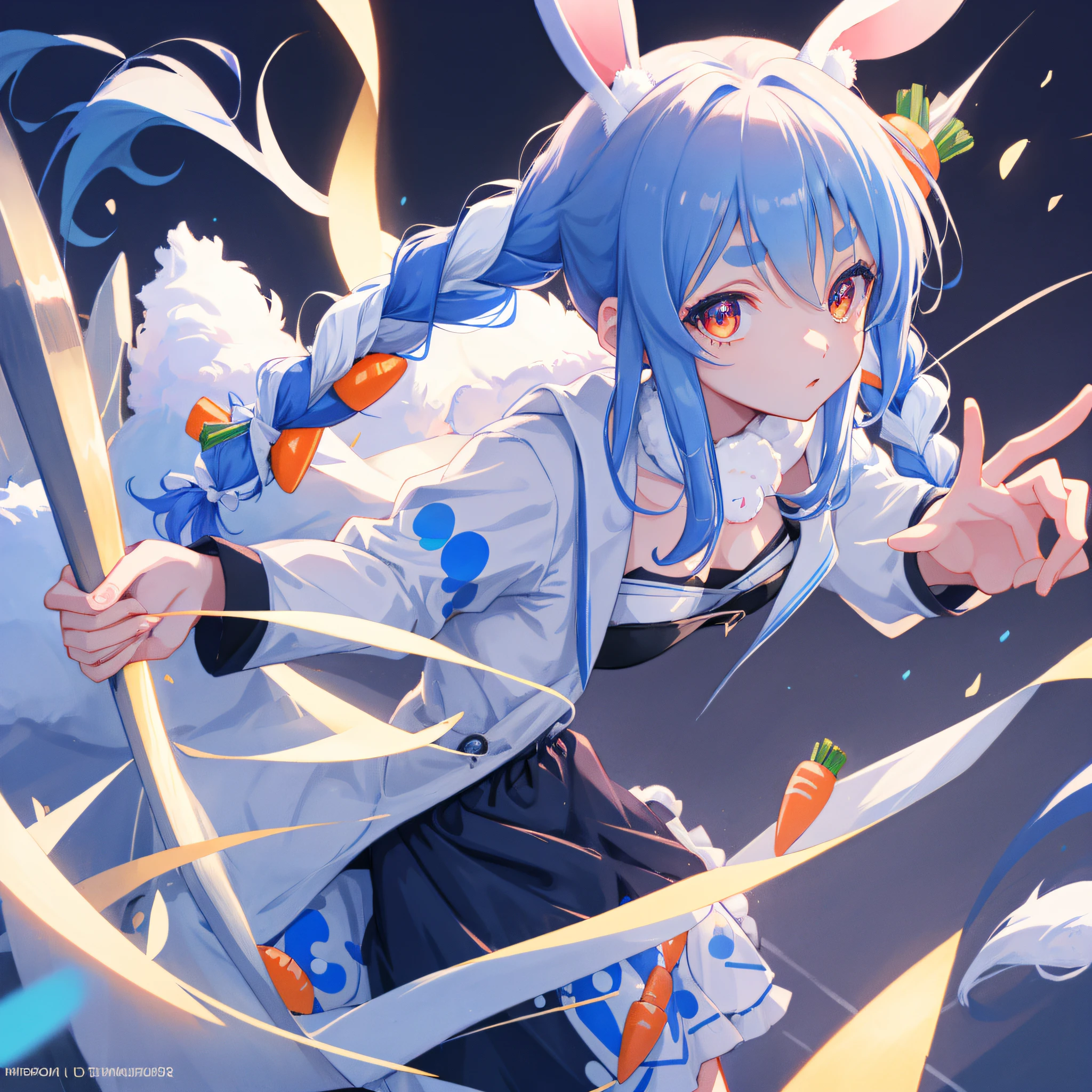 (人物: Usada Pekora), bunny girl, blue hair, twin braids, a girl, solo, {{masterpiece}}, best quality, extremely detailed CG unity 8k wallpaper, cinematic lighting, lens flare, beautiful detail eyes, side glance, colorful light, particles,