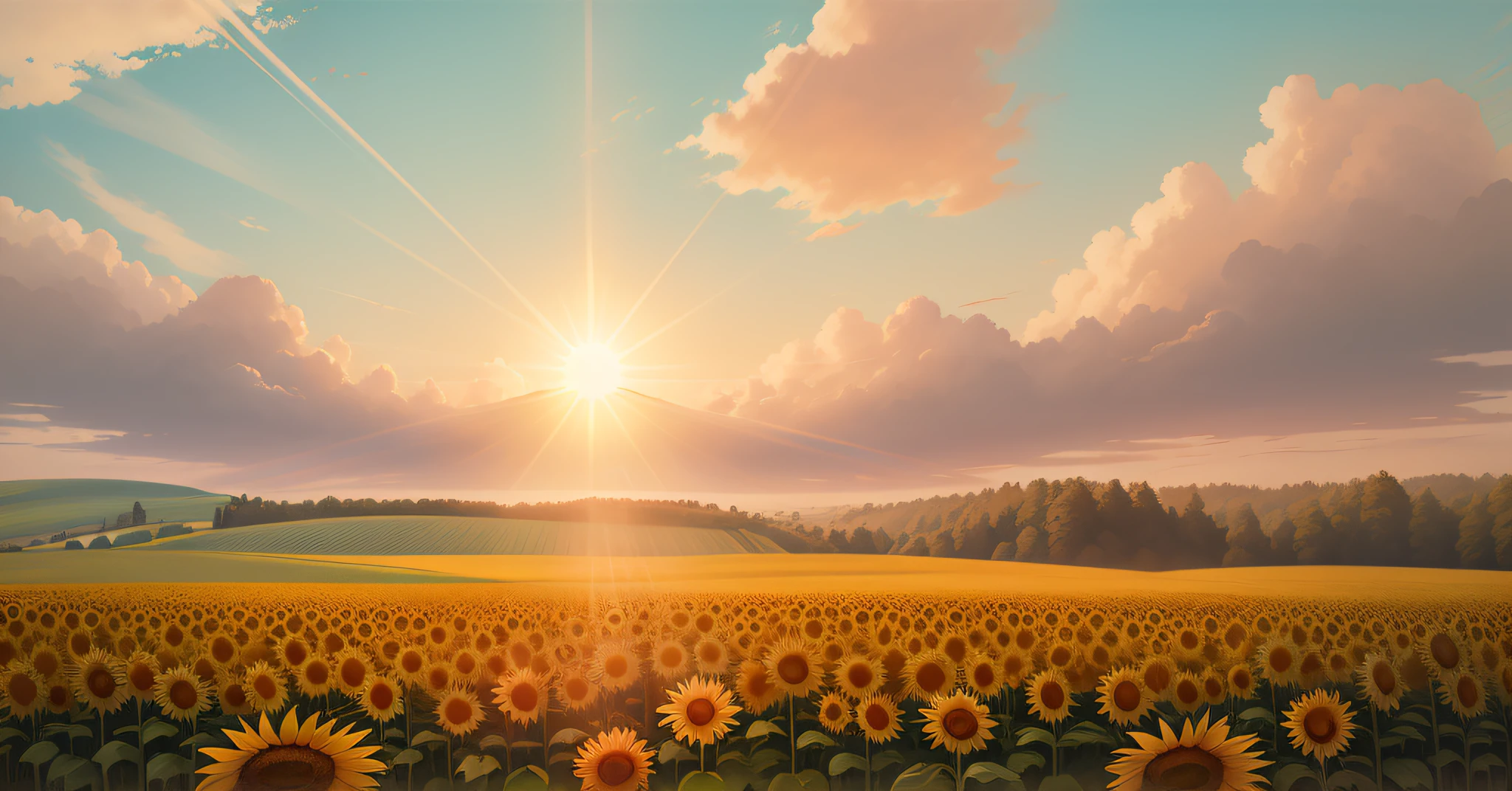 there is a field of sunflowers in the middle of a field, sunny sky, scene: sunflower field, scene : sunflower field, sunflower field, field of sunflowers, summer field, bright sunny summer day, sunny environment, flower field, sunny day, sun is shining, bright sunny day, on a sunny day, sunny landscape, beautiful sunny day, summer, bright summer day --auto --s2