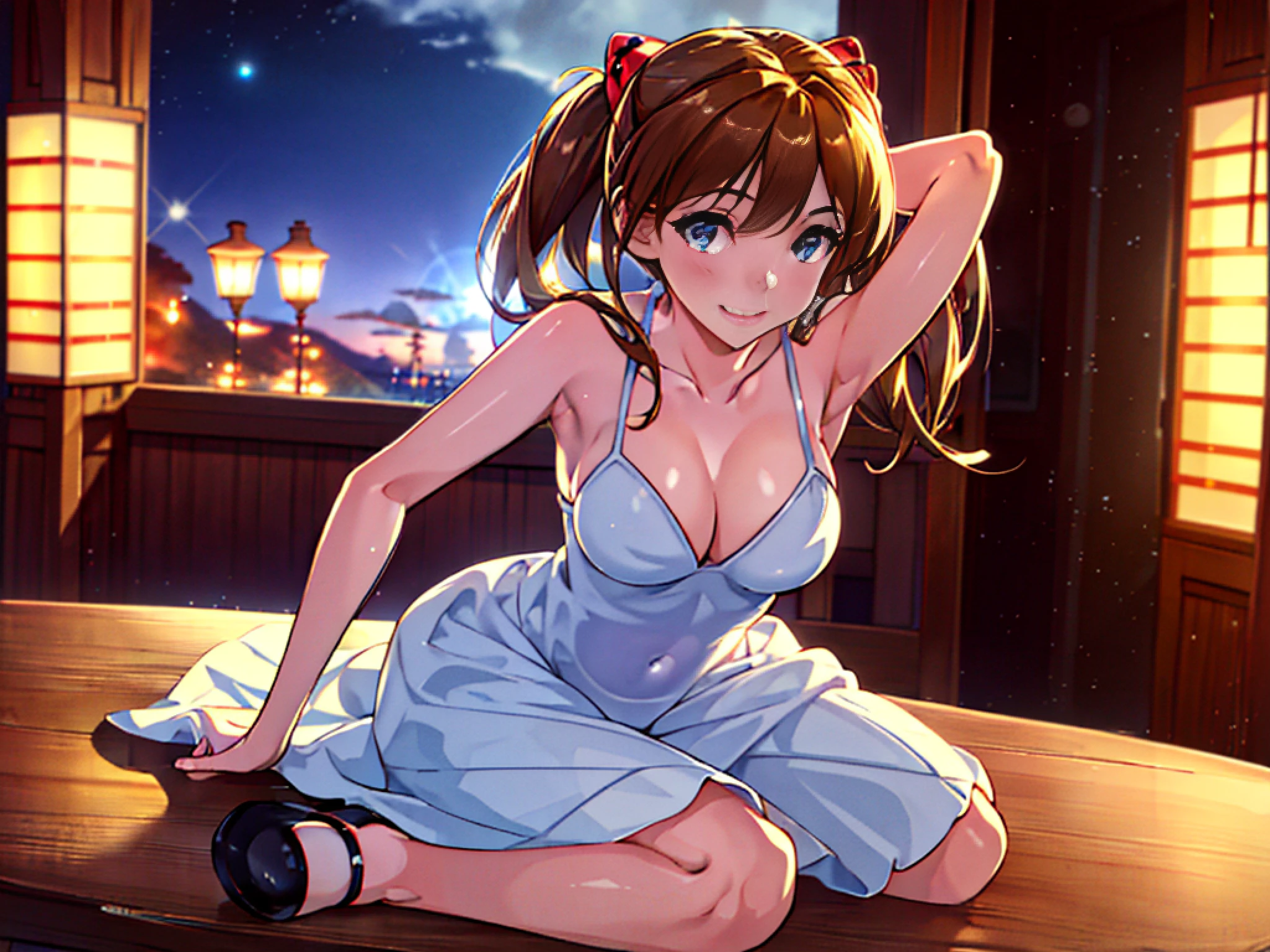 there is a woman sitting on a table with a bunny in her hand, wearing maid uniform, gorgeous maid, loli, sakimichan hdri, cosplay of a catboy! maid! dress, [32k hd]^10, maid outfit, japanese maid cafe, rin, twintails white_gloves, young pretty gravure idol, yumi hiromi, Japan sexy swimsuit pictures, Japan amateur, amateur big, Japan nude photos, beach bikini photos, 1girl, short hair, chest, arms up, Smile, Cleavage, Brown Eyes, (1 girl), Solo, (8k, RAW photos, Best Quality, Masterpiece:1.2), (Exquisitely detailed), (Exquisitely detailed), ultra_color, (Realistic), High Quality, Ultra Detail, (Realistic Skin), (Complex Detail), (beautiful_detailed_light), Lens flare, ultra_color, (shining_particles), ( bright_dust_particles), Professional lighting, Photon mapping, High resolution, Very detailed, Cinematic lighting, (Beautiful big eyes), green_eyes, Cute face, Blushing face, Light smile, High nose bridge, [:(More face:1.2):0.2],Shiny eyes,(PureErosFace_V1:0.2), (ulzzang-6500:0.8), (Face of perfect proportions), (High nose), beautiful composition, (slender), dark skin, (cute_belly:1.2), (cleavage: 1.5), lovely hands, perfect hands, ((Zonge cover, grabbing breasts, landscape, rock, countryside))), (Huge breasts: 1.2), watch viewers, dynamic poses, neon lights, glowing particles, steaming bodies, (shiny skin), (smile:1.1)blush, (Best quality, 8k, Masterpiece, UHD:1.2),Photo of Pretty Japanese school girl,swimsuit, (realistic, photo-realistic:1.37), (masterpiece), (best quality:1.4), (ultra high res:1.2),(RAW photo:1.2), (sharp focus:1.3), (face focus:1.2), vibrant details, hyperrealistic, (elegant), (full body:1.3),Pretty japanese woman,slim,slender waist,medium hair,(wearing detailed cheongsam:1.5), (25yo:1.1), (happy smile:1.35),BREAK, ((Chinatown at beautiful night background)),scenery, bangs, beautiful detailed eyes, makeup, looking at viewer, (cute), ( soft lighting), finely detail,