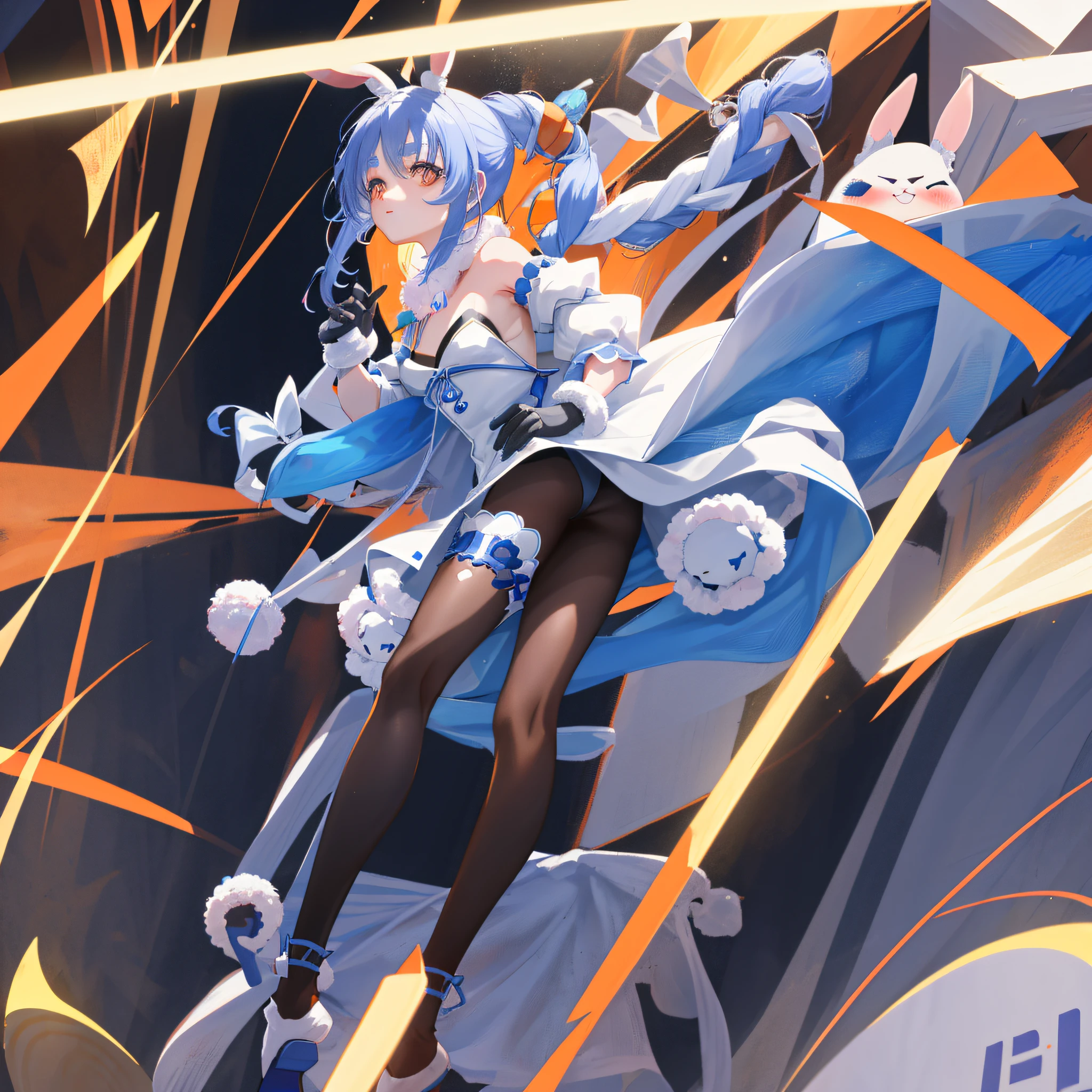 (人物: Usada Pekora), bunny girl, blue hair, twin braids, a girl, solo, {{masterpiece}}, best quality, extremely detailed CG unity 8k wallpaper, cinematic lighting, lens flare, beautiful detail eyes, side glance, colorful light, particles,