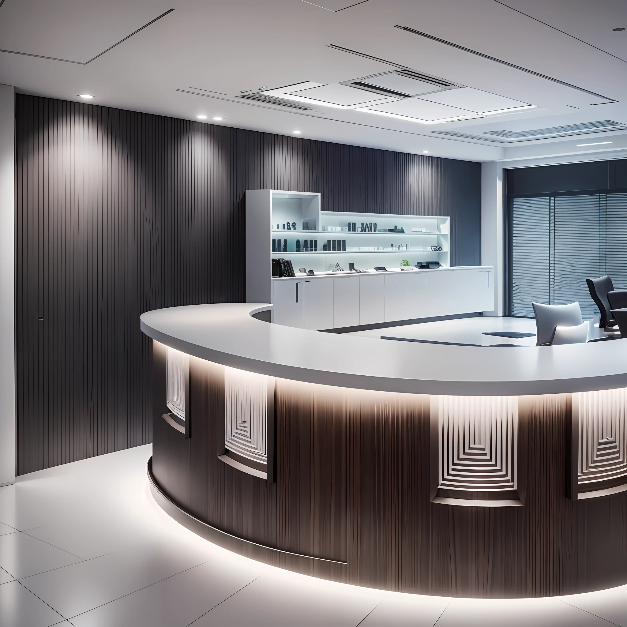 Geometric reception desk: Design a modern, geometric reception desk that can use high-quality materials such as marble or stone to make the front desk look more upscale.
Glass partitions: The use of glass partitions to separate the front desk area and the visitor area is not only a display of modern beauty, but also can effectively improve the sound insulation and privacy of the space.
Modern artworks: Displaying modern artworks in the reception area, you can choose works by contemporary artists, such as sculptures or paintings, etc., to enhance the artistic and modern sense of the space.
Color matching: Use a strong modern color combination on the wall and floor in the front desk area, such as black, white, gray, etc., to make the entire front desk area look more stylish and modern.
Modern lighting: Use modern lighting fixtures such as LED lights or other modern fixtures to improve the brightness and modernity of the front desk area.
Technology elements: Add some technological elements to the front desk area, such as tablet computers, intelligent reception robots or other modern technology products, etc., to make the front desk area more modern and technological.
Space layout: A reasonable space layout can make the front desk area more modern, and the front desk area can be divided into different functional areas such as reception area, waiting area, and display area, and use modern furniture and decorations to match --auto --s2