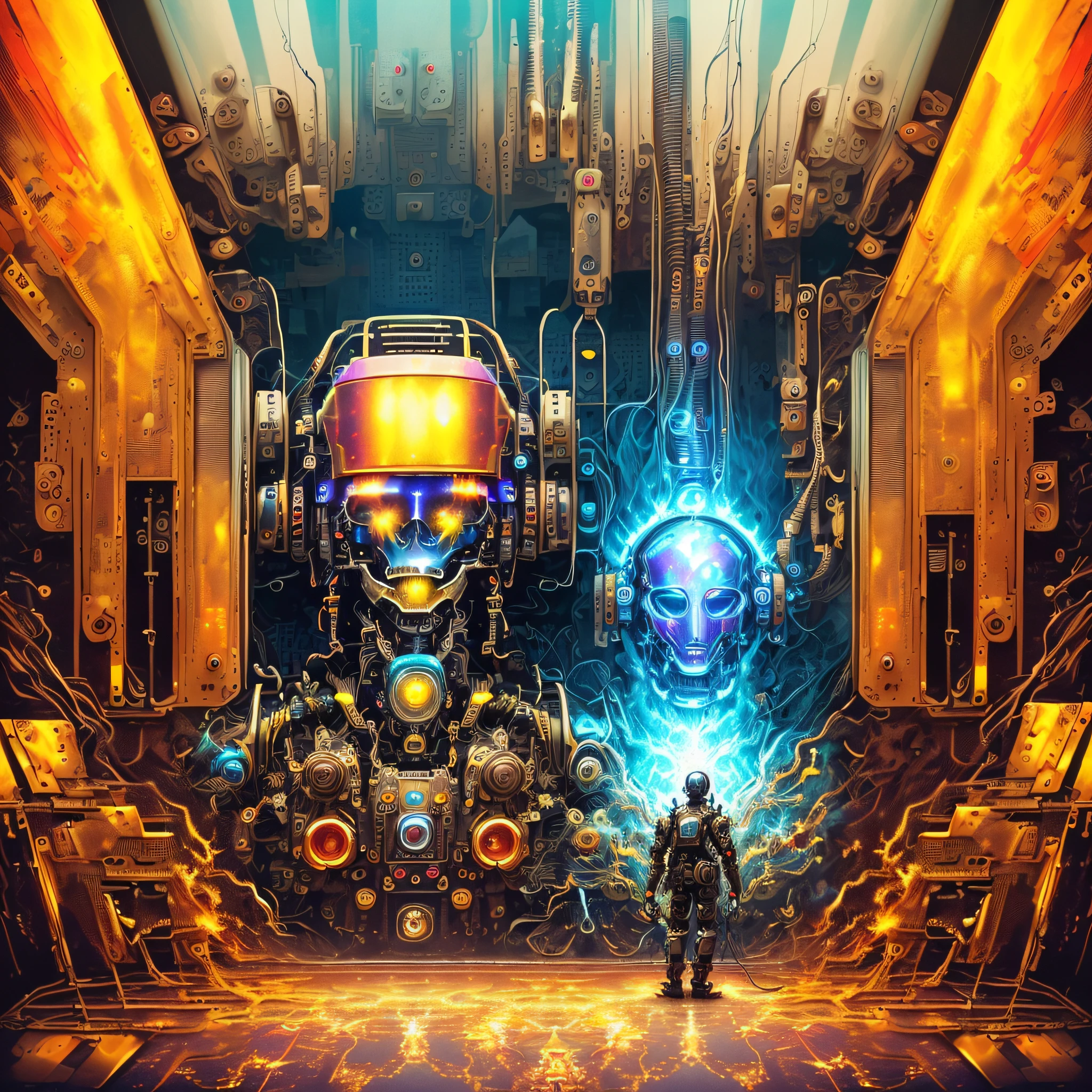 (masterpiece, best quality, highres, absurdres, detailed:1.2), humanoid, robot, wearing headphones, painting, looking away, (cyberpunk, art canvas, paint brush, iridescent, holographic: 1.6), (cables, wires, flames, fire, smoke, overheat, explosion, fired everywhere, indoors, room, on mars background)