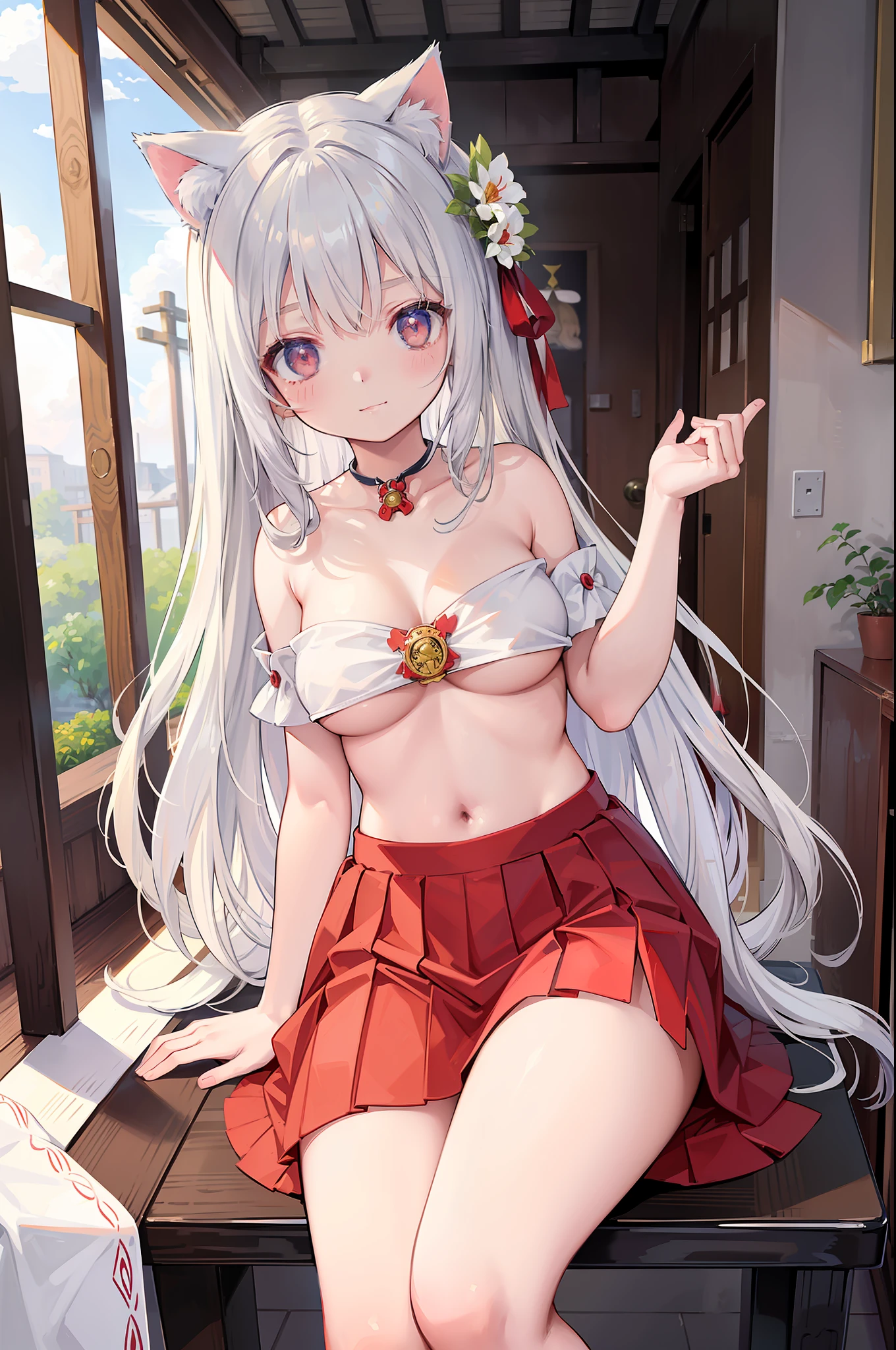 (Masterpiece), (Top Quality Anime Illustration), (Super Definition), (Super Detail), One Girl, Solo, Silver-haired Beautiful Girl, Anime ****, Cat Ear ****, Red and White Priestess Costume, Red and White Hakama, Lori Priestess, Smile, Slightly Larger Breasts, Cleavage, Underboob, Thighs, Sakura, Shrine