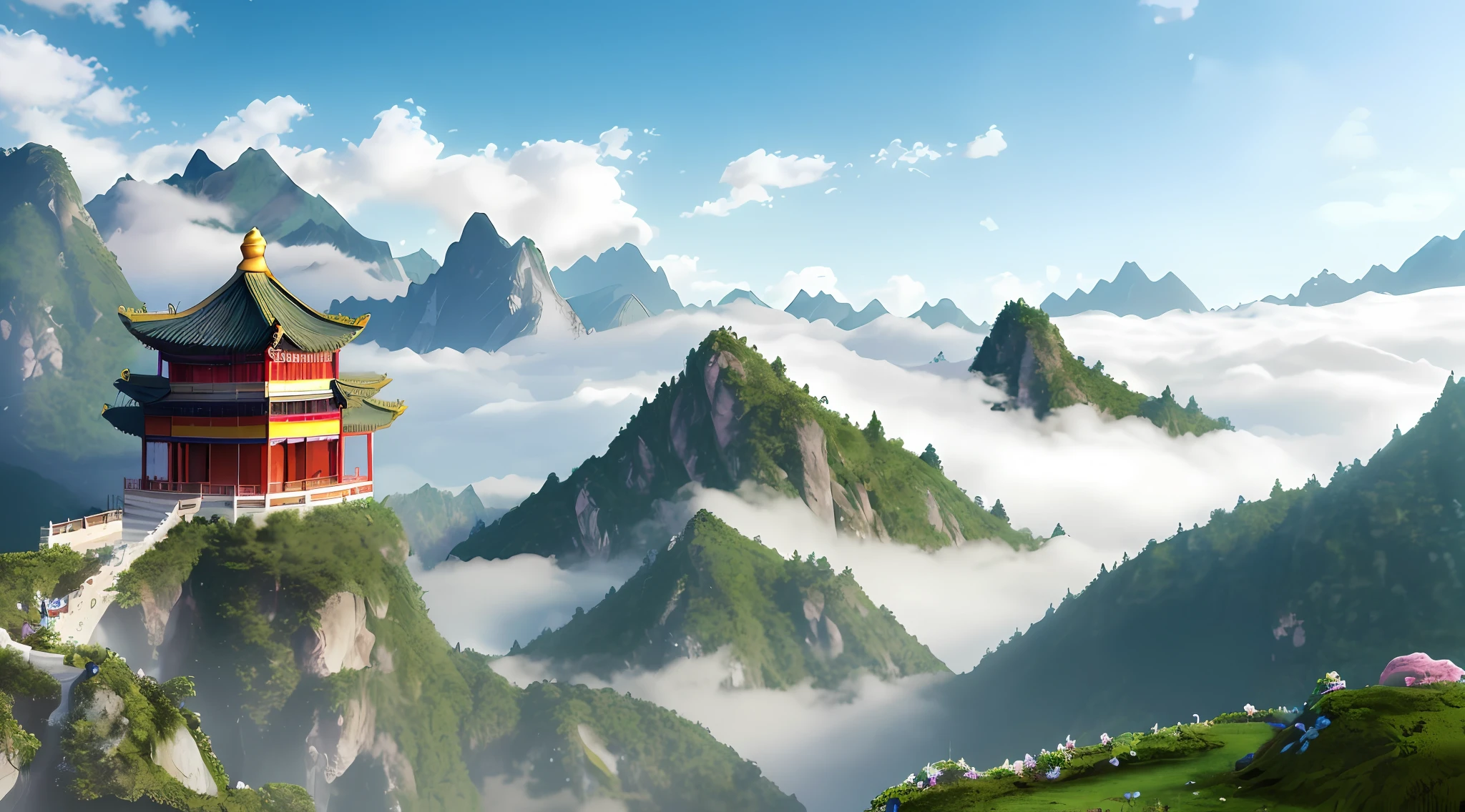 Mountains, mountains high and water long, mountains and forests, flowers and trees, clouds, cloud weight, cloud depth, depth of field, dream, fog, ancient Chinese palace, sky pavilion, fairy fluttering, virtual fog, falling flowers, flower trees, colorful, fairy online game, sky, plants, sunlight, water, heavenly court, 3D, HD