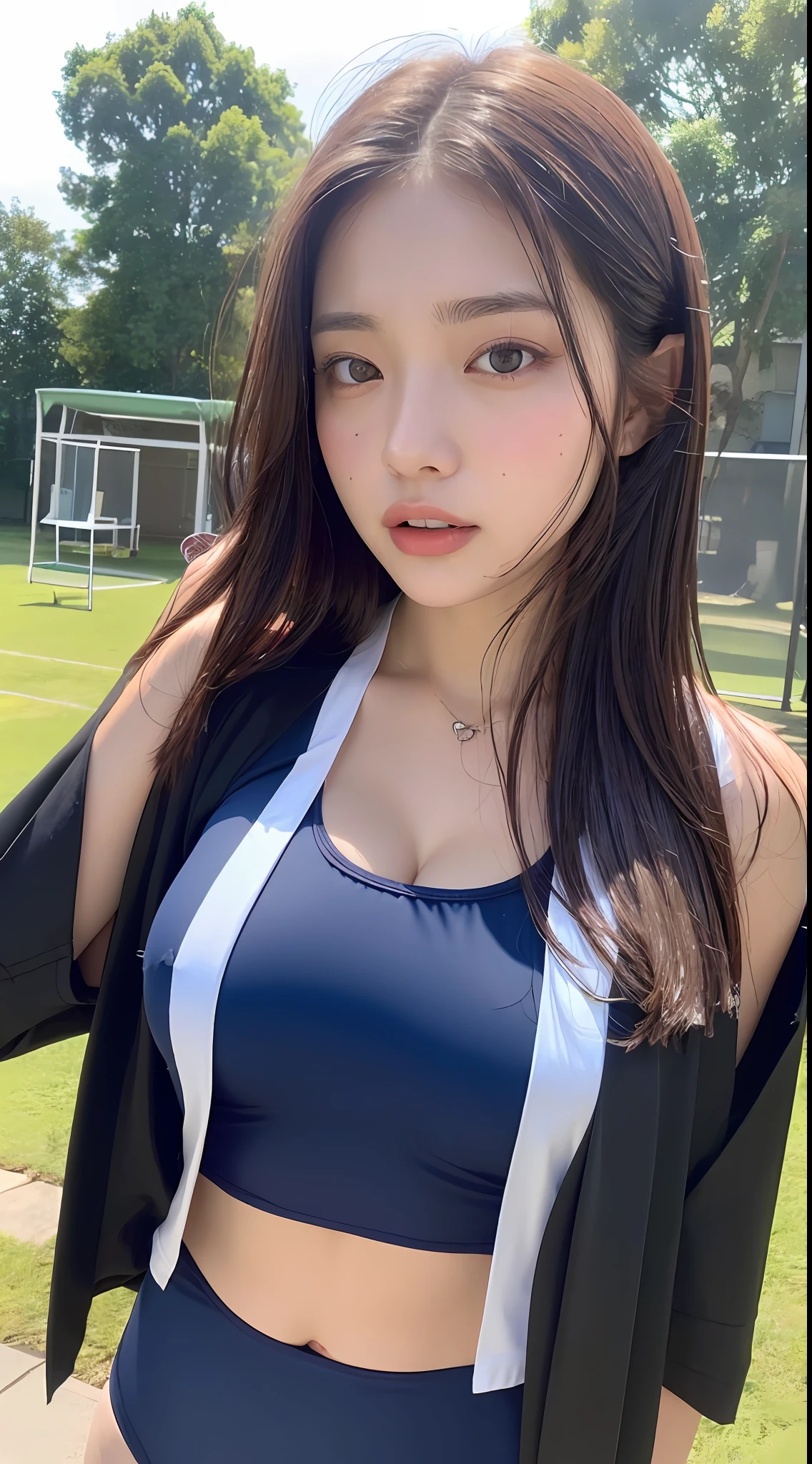 ((Top Quality, 8K, Masterpiece: 1.3)), Beautiful Woman with Perfect Figure: 1.4, Dark Brown Hair, Big, Exposed Cleavage, Shirt in Rain-Wet Uniform (Shirt Lift: 1.3), (Showing Off School Competition (School Swimsuit: 1.2)), (Wet School Swimsuit Visible from Flipped Up Shirt), (Rain Wet Wrinkled Shirt), Highly Detailed Face and Skin Texture, Detailed eyes, double eyelids, wet body: 1.2, (sweat breasts: 1.2)