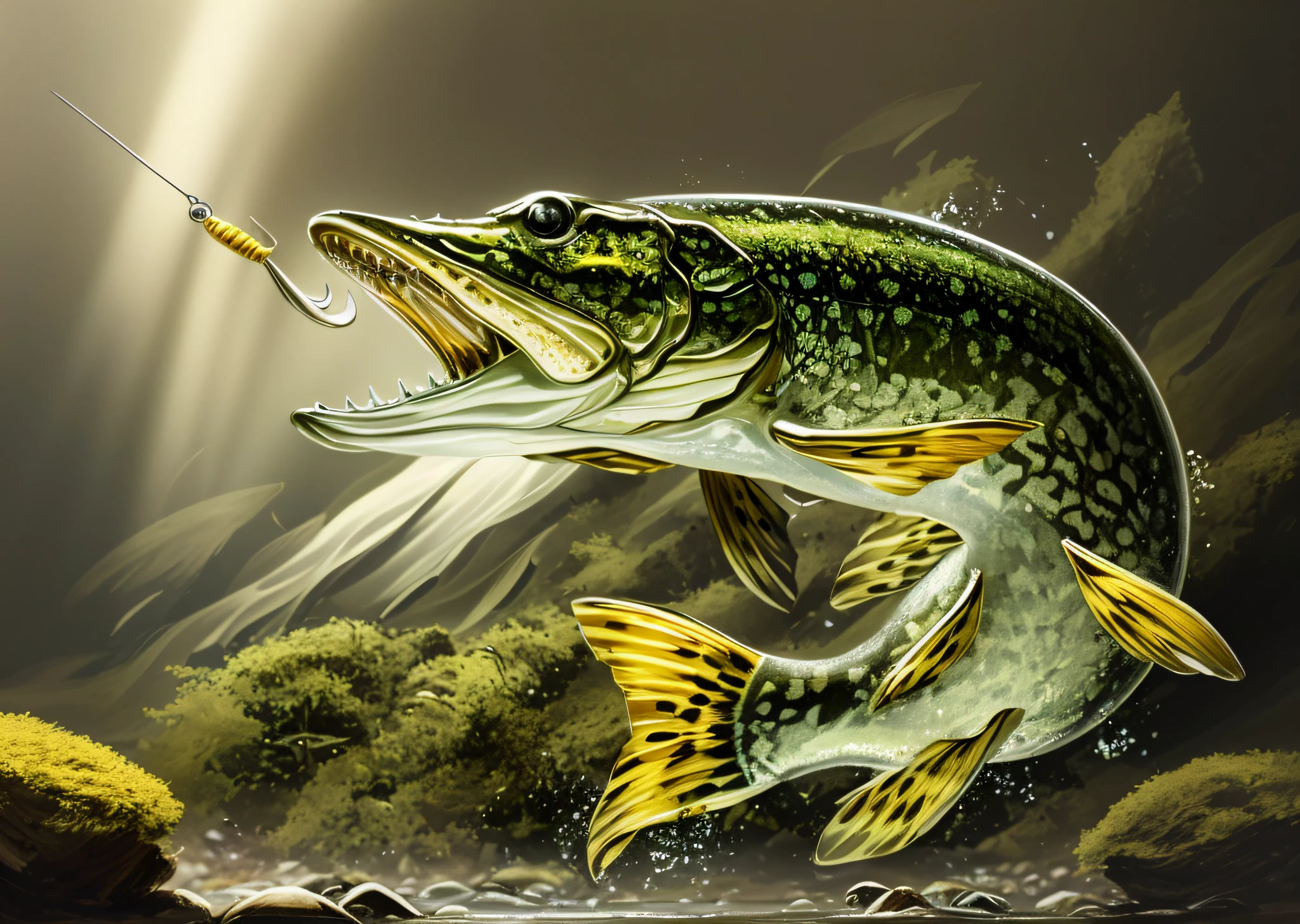 River fish pike, in the water, against the background of river plants, a frame from water in water, blurred background, excellent quality drawing, plain background, good animal detail, sloppy paint drawing