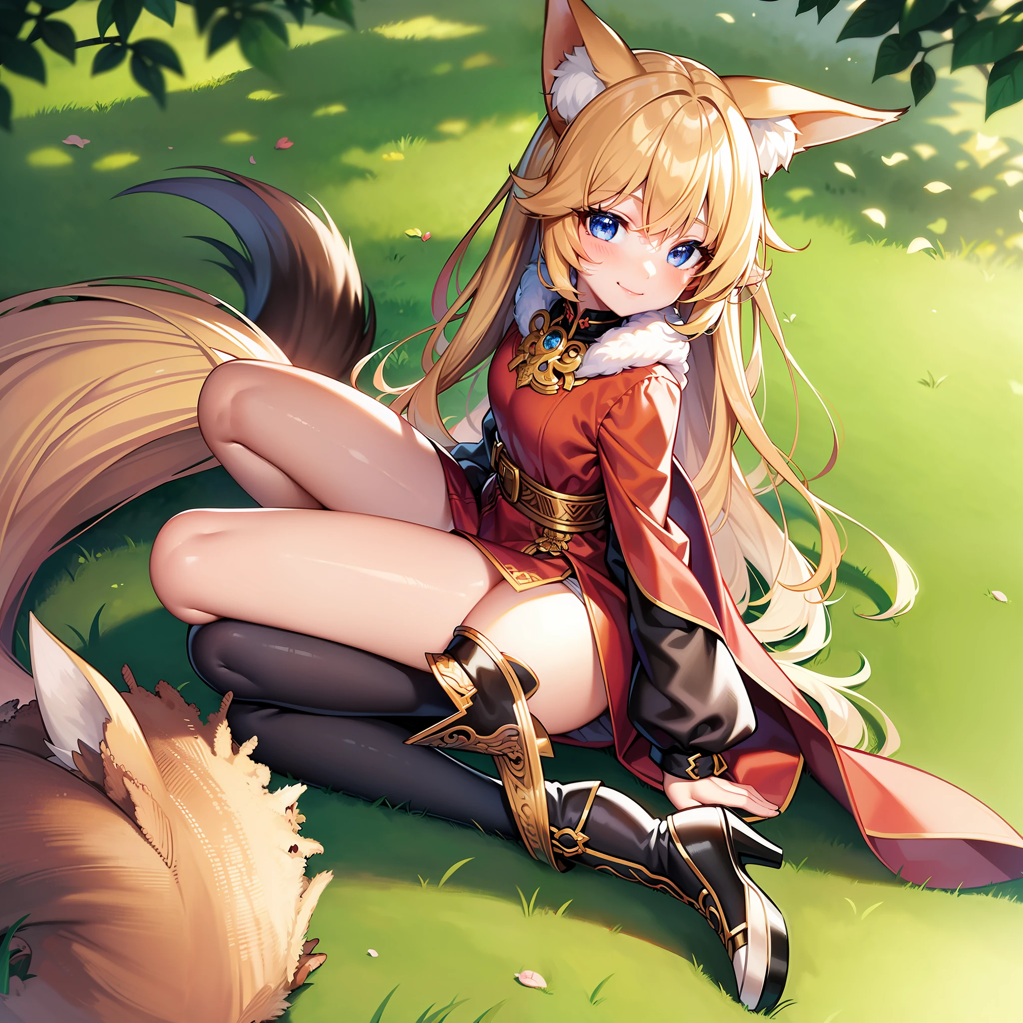 ((Masterpiece, Best Quality)), 1 Girl, Solo, Long Hair, Fox Girl, Fox Ears, Smile, Blue Eyes, Low Angle, Under the Tree