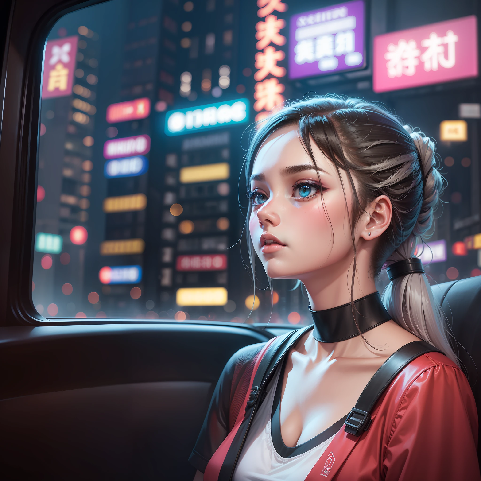 (Guangzhou landmark architectural background), bustling night inside car, neon flashing, lonely girl, looking at the sky in a daze, 22 years old, plain, short ponytail, heterochromia, UHD, anatomically correct, high detail, 16k