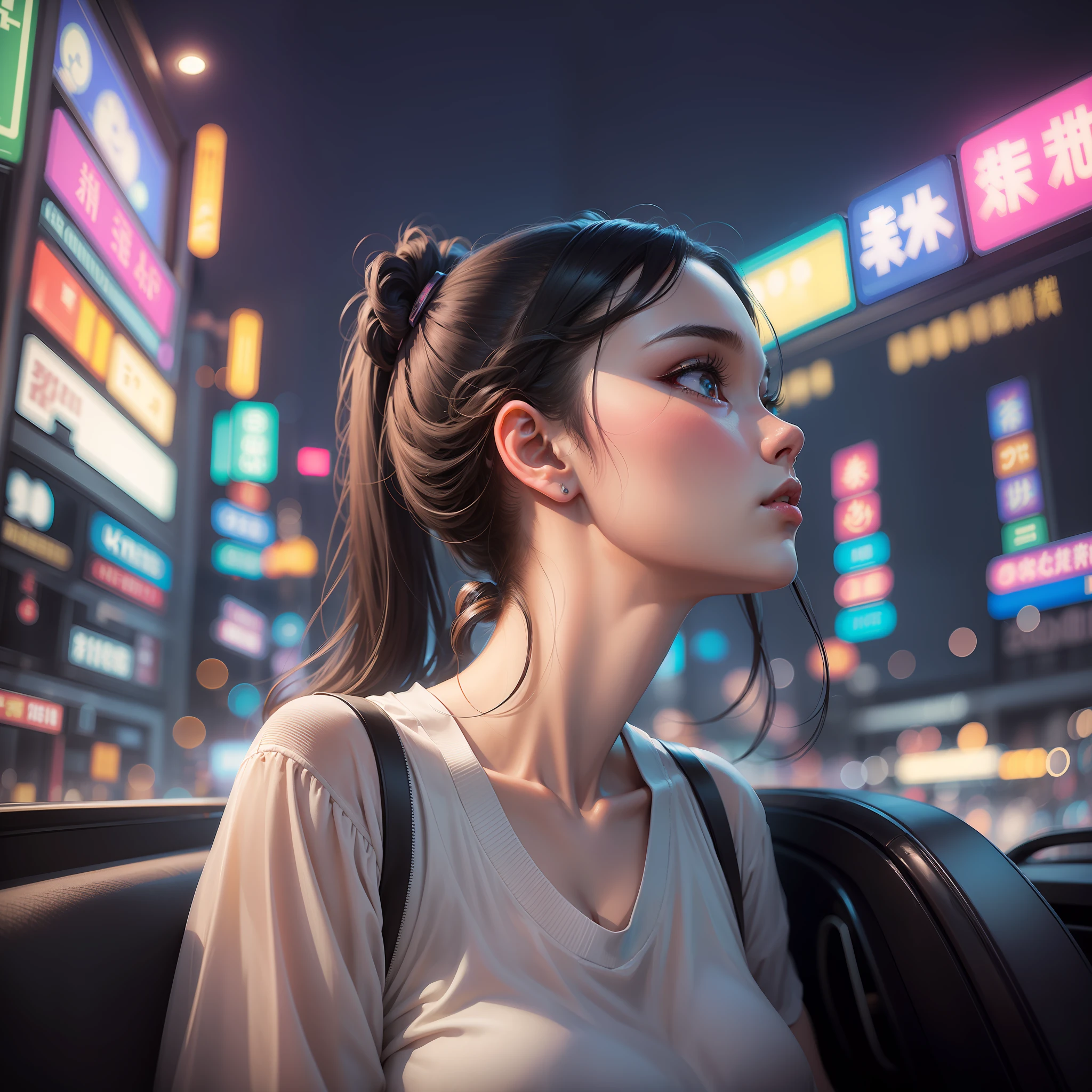 (Guangzhou landmark architectural background), bustling night inside car, neon flashing, lonely girl, looking at the sky in a daze, 22 years old, plain, short ponytail, heterochromia, UHD, anatomically correct, high detail, 16k