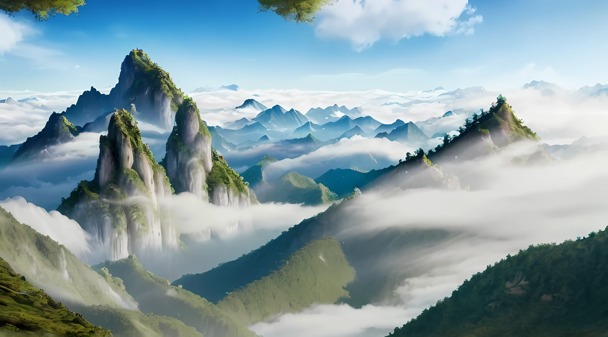 Mountains, mountains high and water long, mountains and forests, flowers and trees, clouds, cloud weight, cloud depth, depth of field, dream, fog, ancient Chinese palace, sky pavilion, fairy fluttering, virtual fog, falling flowers, flower trees, colorful, fairy online game, sky, plants, sunlight, water, heavenly court, 3D, HD