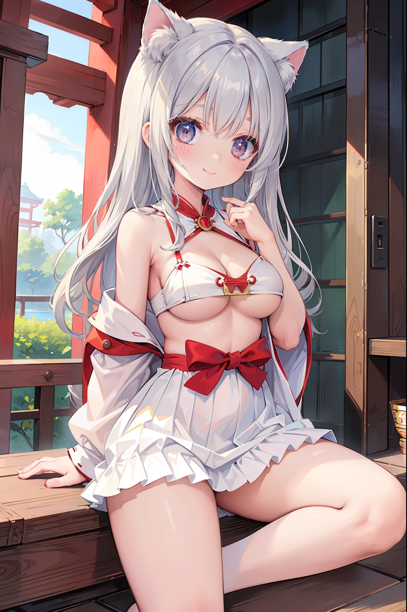 (Masterpiece), (Top Quality Anime Illustration), (Super Definition), (Super Detail), One Girl, Solo, Silver-haired Beautiful Girl, Anime ****, Cat Ear ****, Red and White Priestess Costume, Red and White Hakama, Lori Priestess, Smile, Slightly Larger Breasts, Cleavage, Underboob, Thighs, Sakura, Shrine