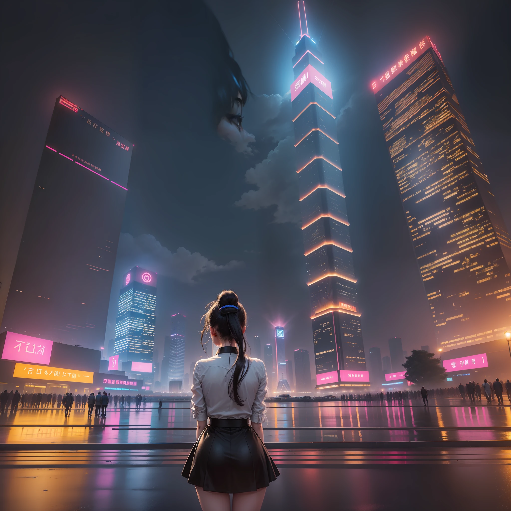 (Background of Guangzhou landmark building), Bustling night in vehicles, Neon flashing, Lonely girl, Looking at the sky in a daze, medium boobs, 22 years old, short ponytail, heterochromia, UHD, anatomically correct, high details, 16k