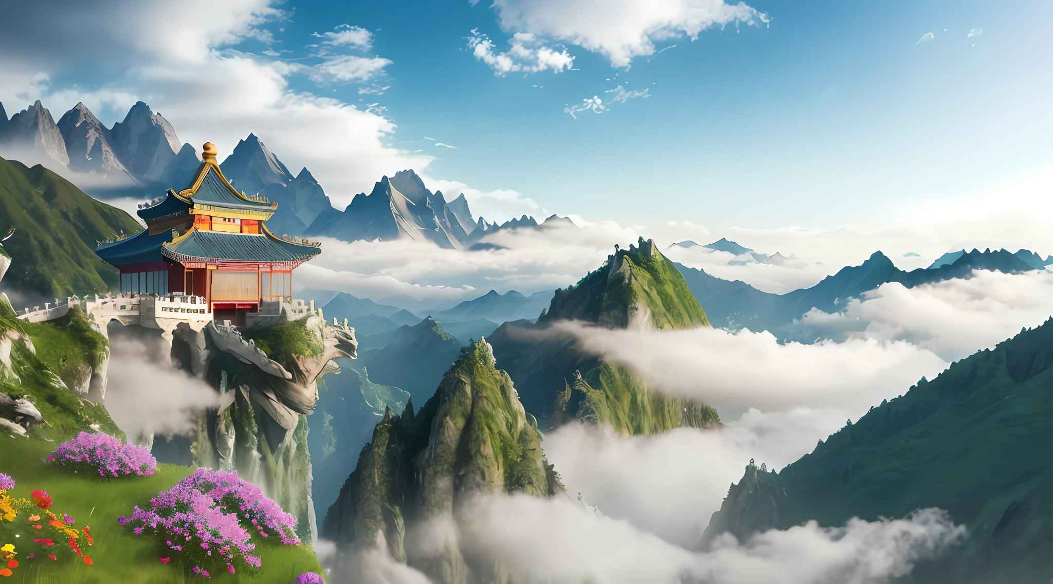Mountains, mountains high and water long, mountains and forests, flowers and trees, clouds, cloud weight, cloud depth, depth of field, dream, fog, ancient Chinese palace, sky pavilion, fairy fluttering, virtual fog, falling flowers, flower trees, colorful, fairy online game, sky, plants, sunlight, water, heavenly court, 3D, HD