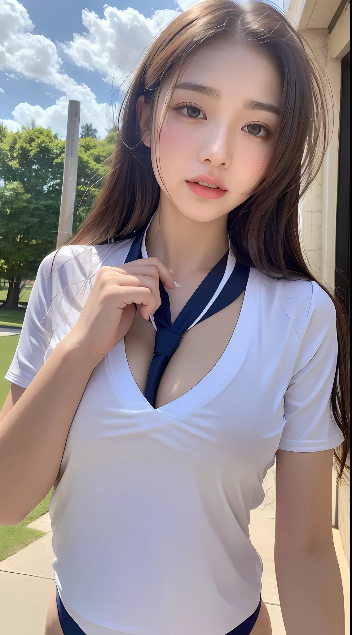 ((Top Quality, 8K, Masterpiece: 1.3)), Beautiful Woman with Perfect Figure: 1.4, Dark Brown Hair, Big, Exposed Cleavage, White Blouse of Uniform (Shirt Lift: 1.3), (Showing Off School Competition (School Swimsuit: 1.2)), (School Swimsuit Visible from Flipped White Blouse), (White Blouse with Wrinkles), Large check small school ribbon, highly detailed face and skin texture, detailed eyes, double eyelids, wet body: 1.2, (sweat breasts: 1.2)