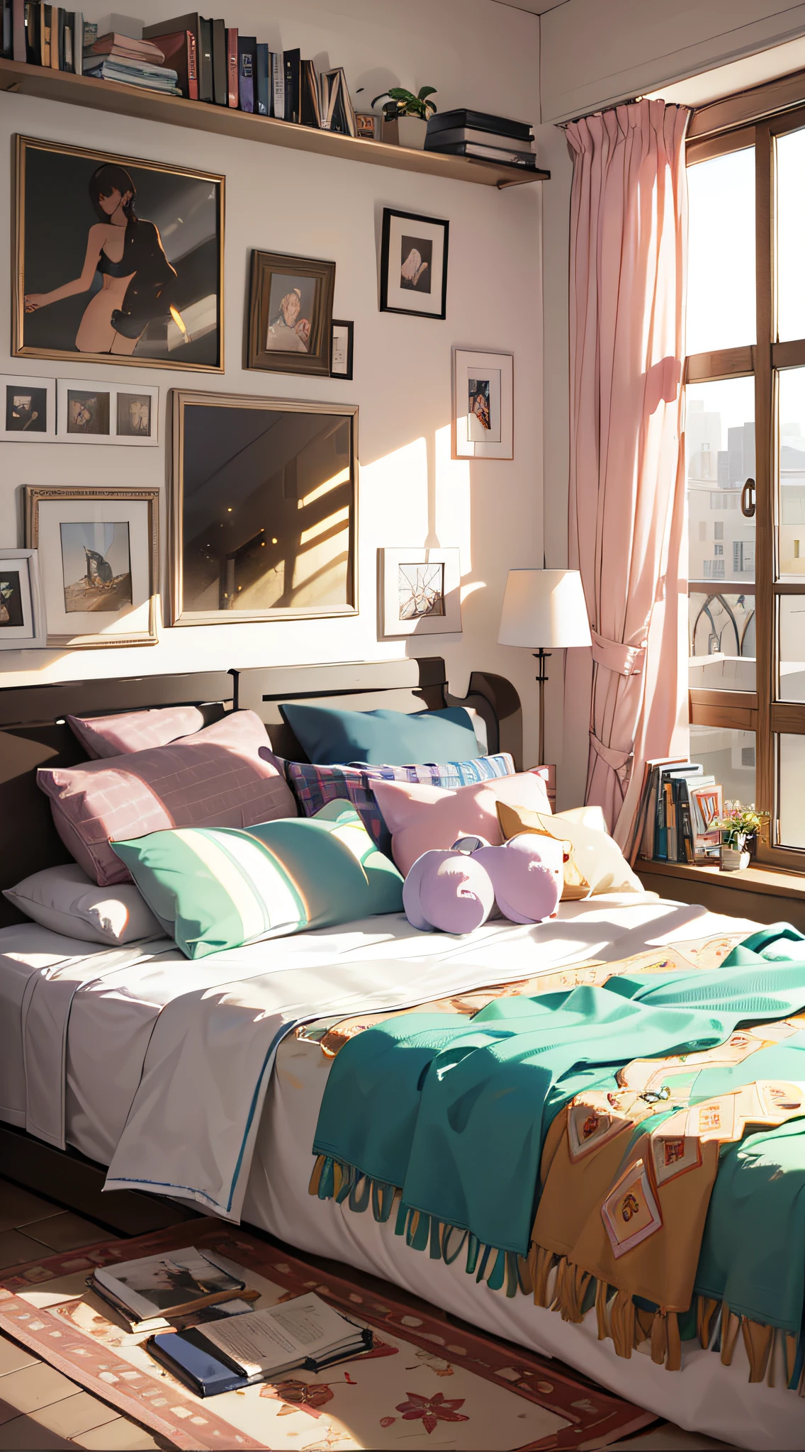 Bedroom, a lot of clutter, HD, very beautiful, very warm, atmospheric sense, with sunshine, books, books, beds, tables, computers, magazines, plants, posters, sundries, HD --auto --s2