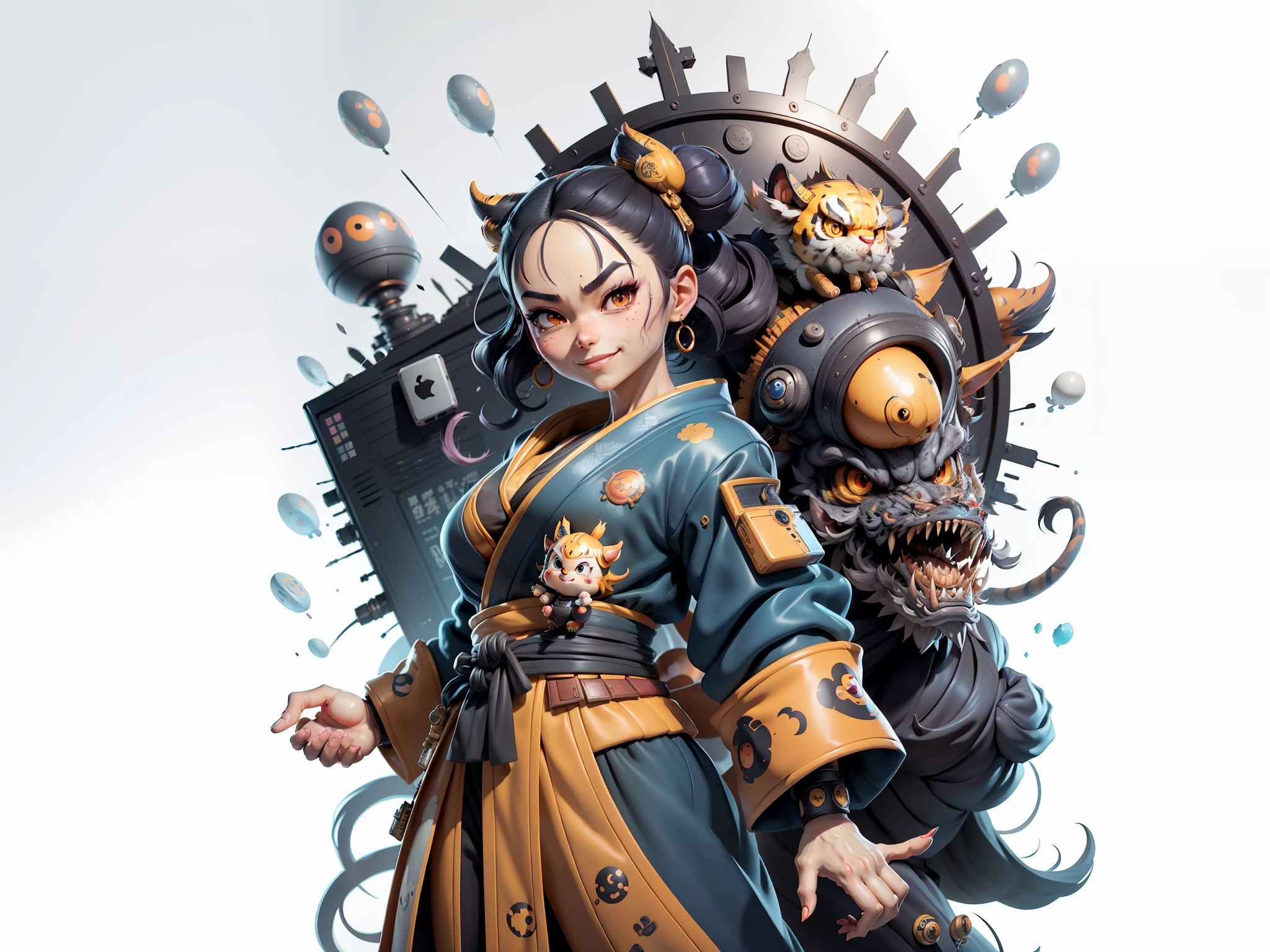 (Masterpiece), (Extreme Quality), (Super Meticulous), (Full Body: 1.2), Super Young Woman, Japanese Female Geisha, Beauty, Chinese Dragon, Tiger, Fengshen Thor, Sexy, Bursting, Oriental Face, TV Anchor, Bust Portrait Illustration, Alone, Black Suit, Blue Tie, Slightly Chubby, Very Clean Face, No Beard, Black Super Short Hair, Black Eyes, Confident Smile, 3c Computer Sub-Products, iPad, iPhone, Digital Painting, 3D character design by Mark Clairedon and Pixar and Hayao Miyazaki and Akira Toriyama, the illustrations are HD illustrations in 4K resolution with highly detailed facial features and cartoon-style visuals.