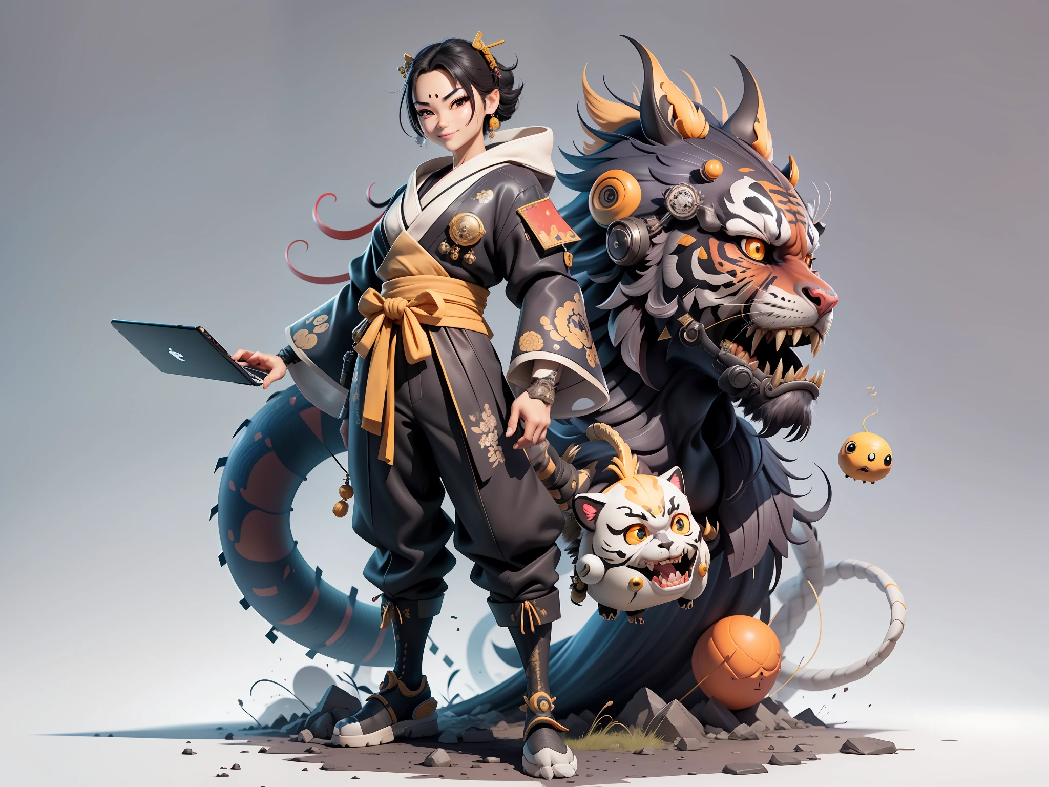 (Masterpiece), (Extreme Quality), (Super Meticulous), (Full Body: 1.2), Super Young Woman, Japanese Female Geisha, Beauty, Chinese Dragon, Tiger, Fengshen Thor, Sexy, Bursting, Oriental Face, TV Anchor, Bust Portrait Illustration, Alone, Black Suit, Blue Tie, Slightly Chubby, Very Clean Face, No Beard, Black Super Short Hair, Black Eyes, Confident Smile, 3c Computer Sub-Products, iPad, iPhone, Digital Painting, 3D character design by Mark Clairedon and Pixar and Hayao Miyazaki and Akira Toriyama, the illustrations are HD illustrations in 4K resolution with highly detailed facial features and cartoon-style visuals.