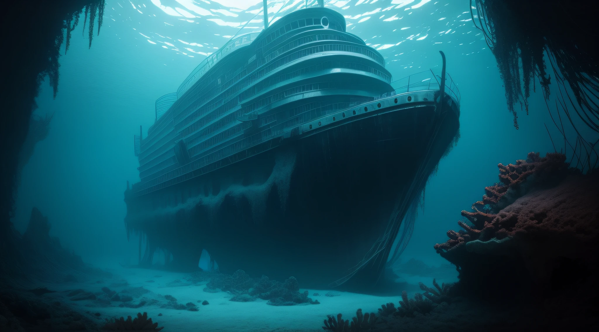 inside the ocean, submersible, exploring the titanic shipwreck, deep sea, submerged in the dark, haunting, rusted iron, coral growth, eerie ambiance.