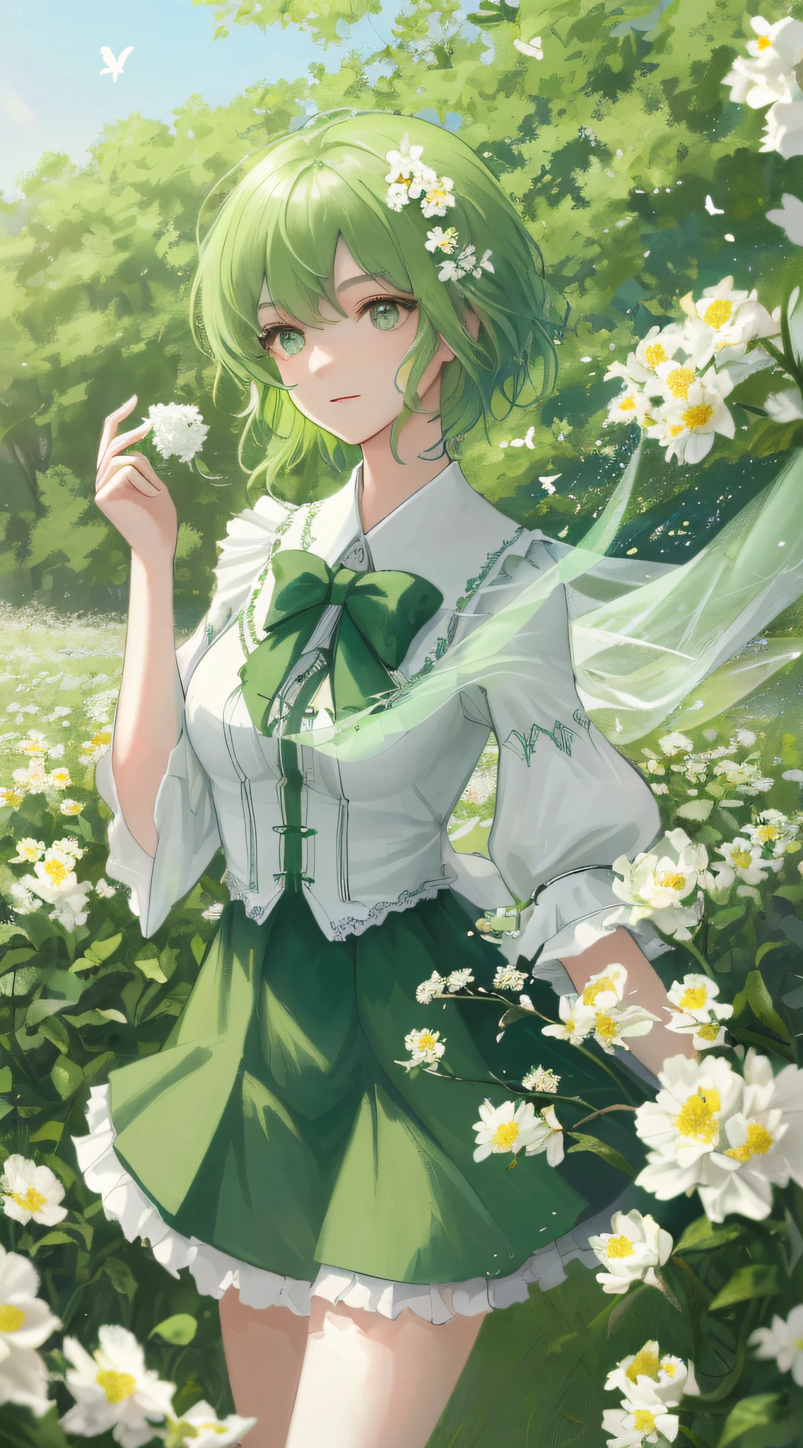 High Detail, Ultra Detail, Ultra High Resolution Short green hair girl enjoying her time in open field, surrounded by the beauty of nature, warm sun sprinkling on her, white flowers gently swaying in the breeze. Butterflies and birds flutter around her, adding to the playful atmosphere , --v6