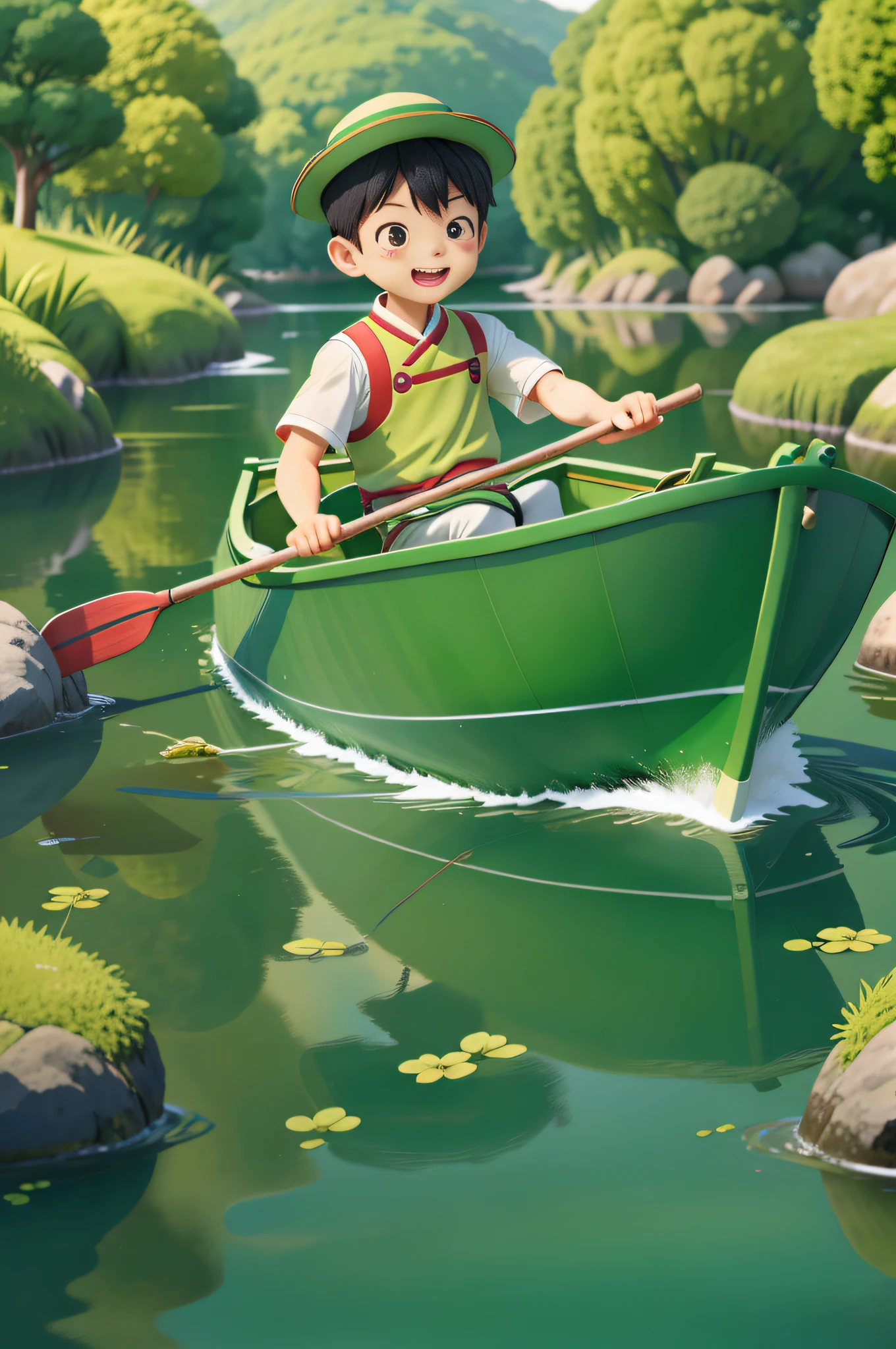 Poster design, (sfw), a rowing boy, green boat, green traditional Chinese costume, happy, background is a small river, perfect quality, clear focus, colorful, perfect face, complex details, ultra-low viewing angle, wide angle lens, clean background, long view composition,